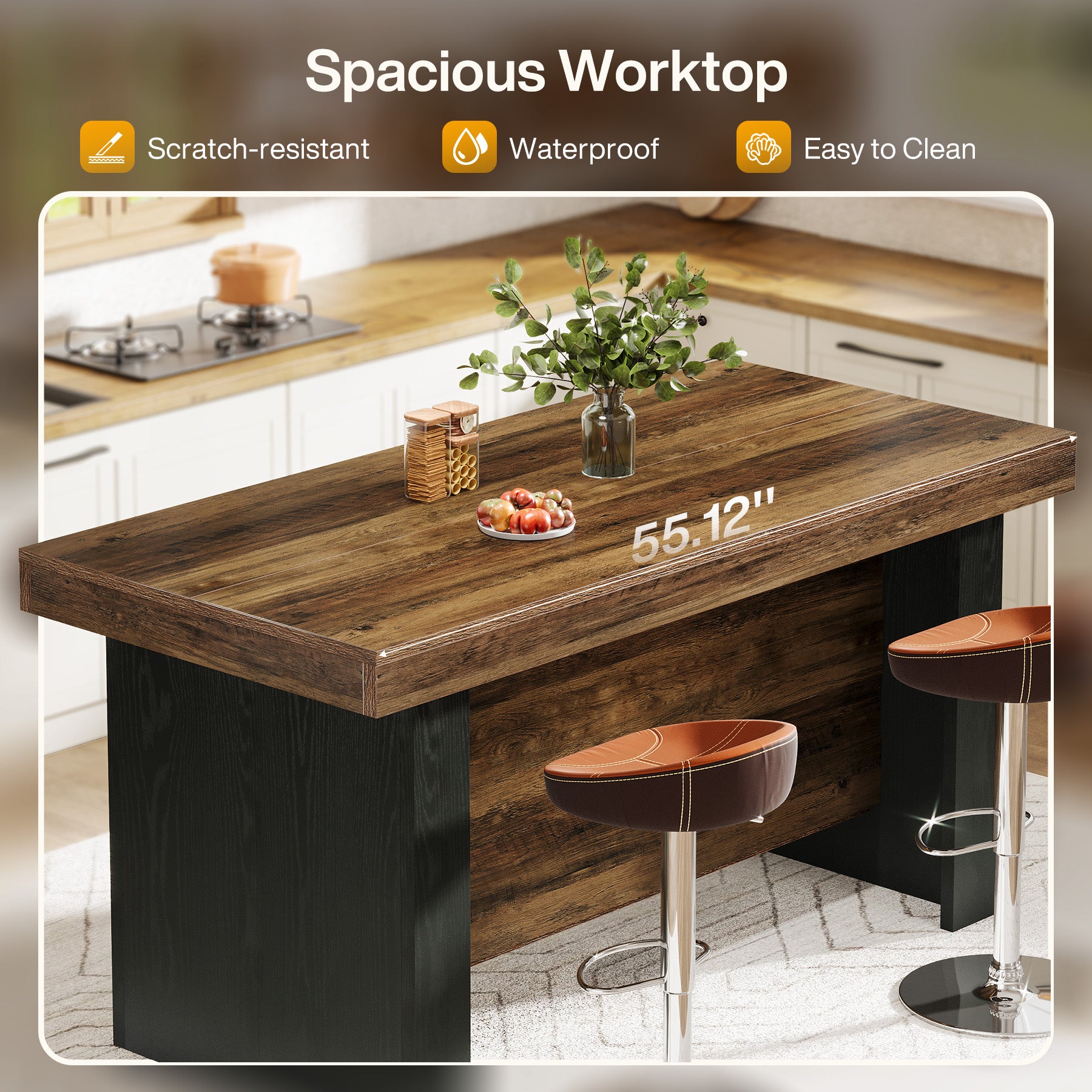 55" Kitchen Island, Farmhouse Center Island with 2 Tier Storage