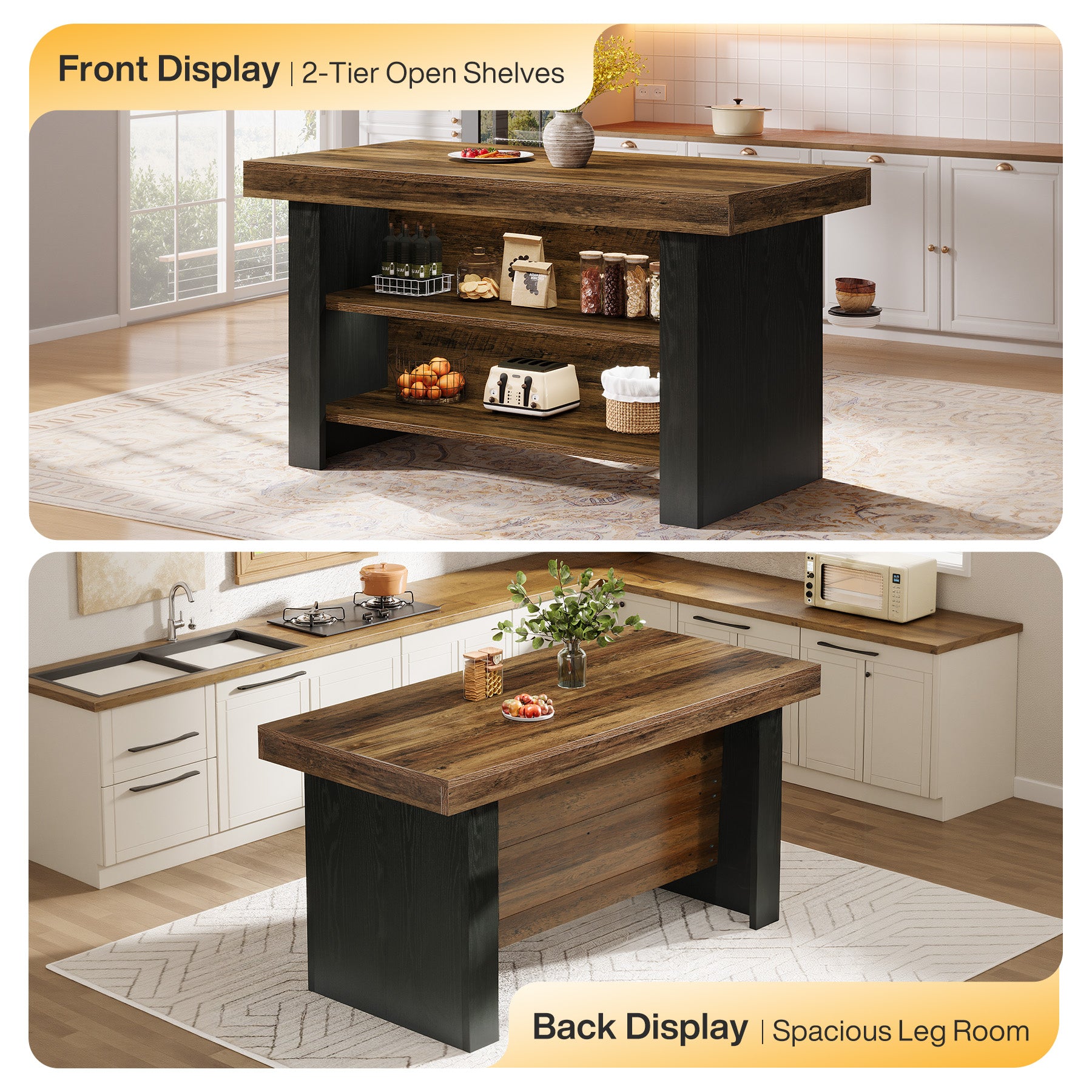 55" Kitchen Island, Farmhouse Center Island with 2 Tier Storage
