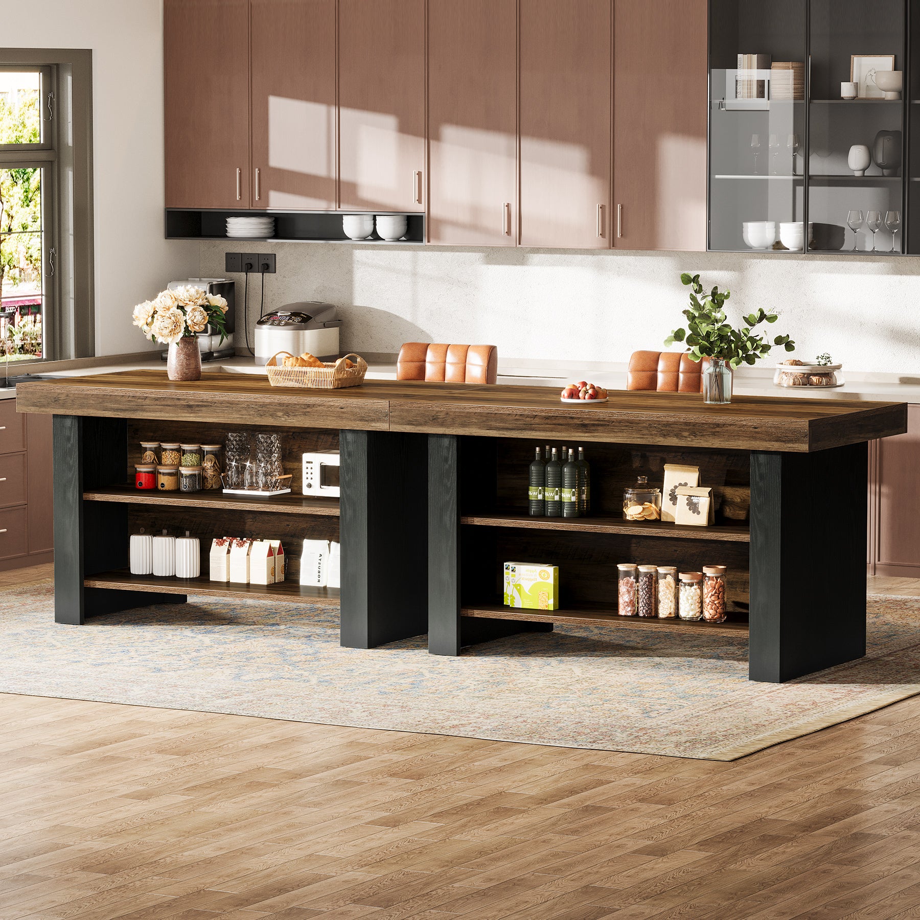 55" Kitchen Island, Farmhouse Center Island with 2 Tier Storage