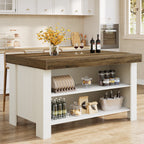 55" Kitchen Island Table, Farmhouse Counter Height Bar Table with Storage Shelves#Color_White