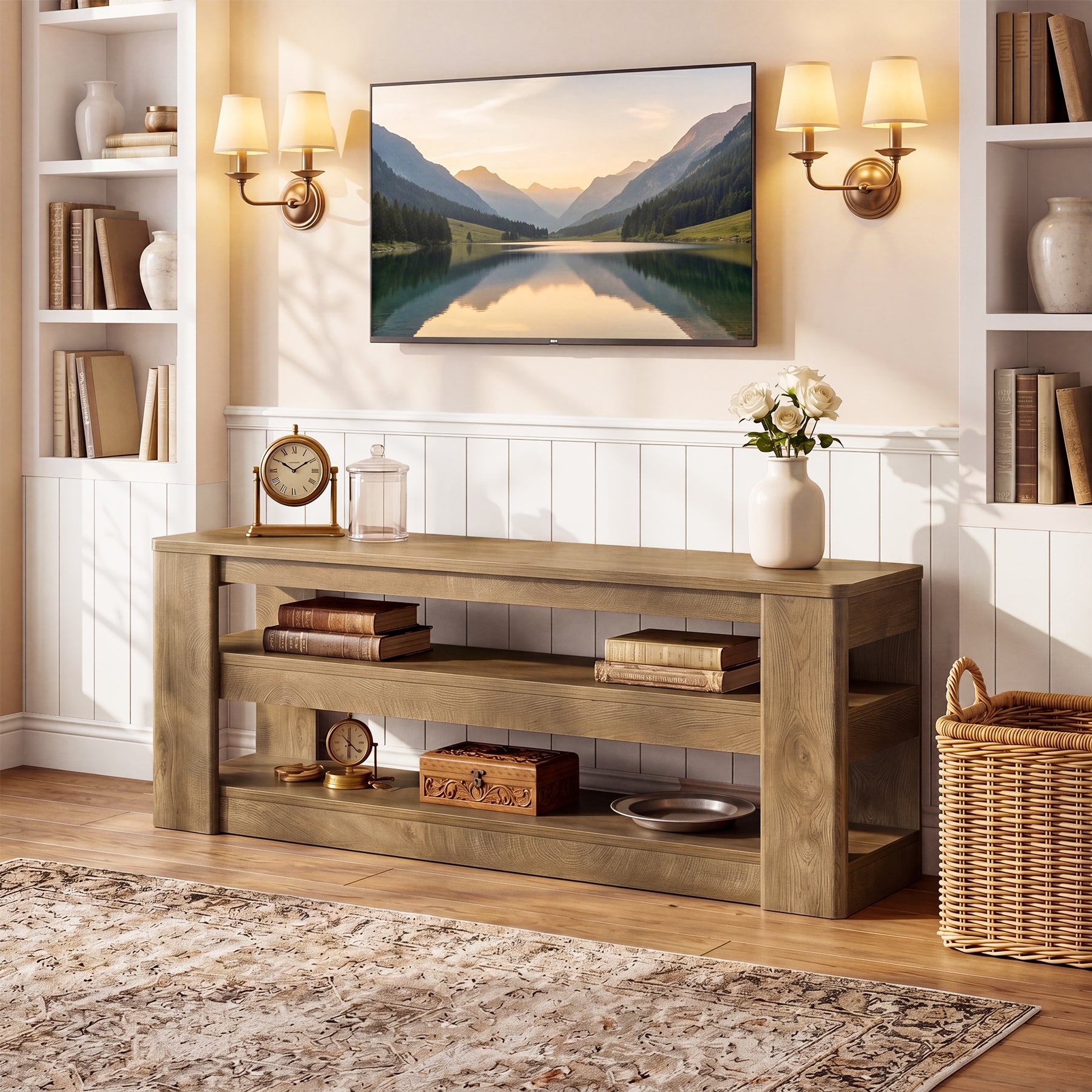 55" Modern TV Stand, 3-Tier Wooden Entertainment Center for TVs up to 60"