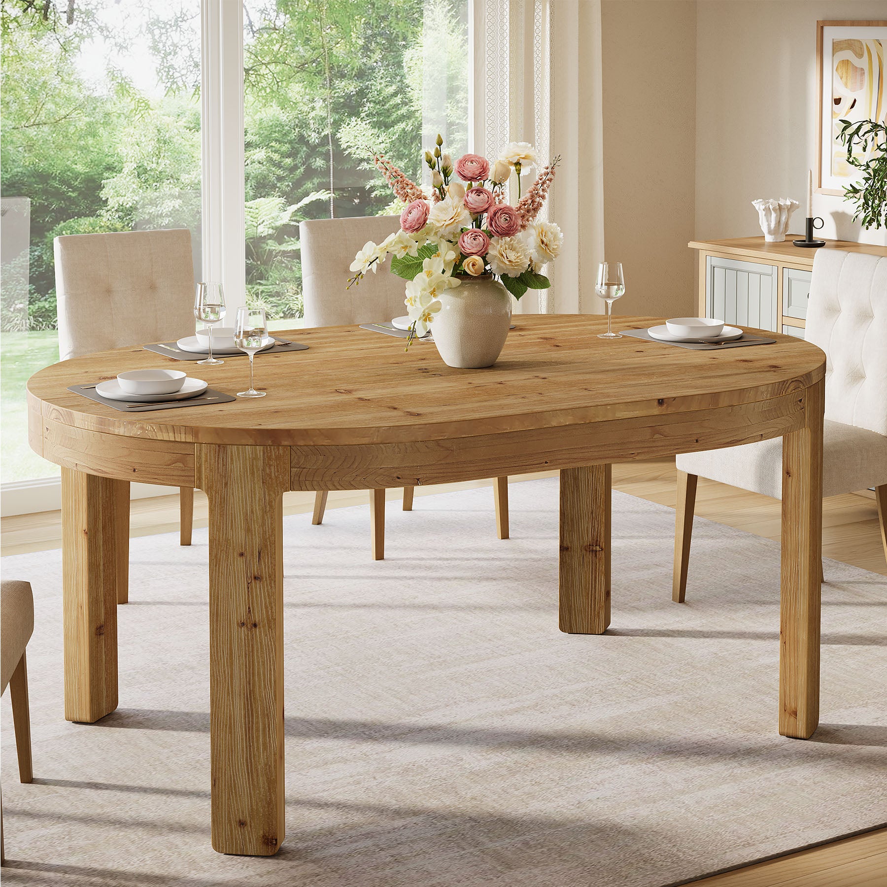 55" Oval Dining Table, Solid Wood Kitchen Dinner Table for 4 People