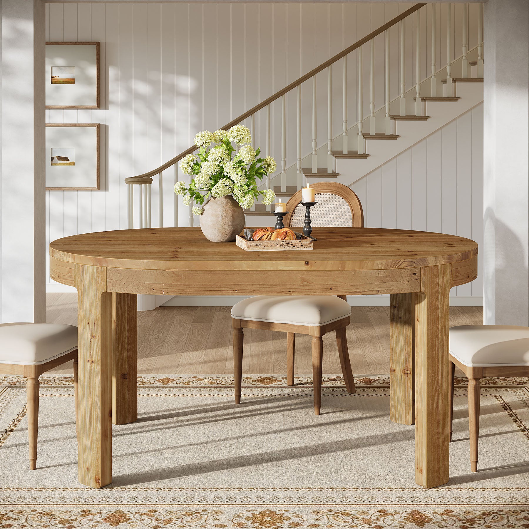 55" Oval Dining Table, Solid Wood Kitchen Dinner Table for 4 People