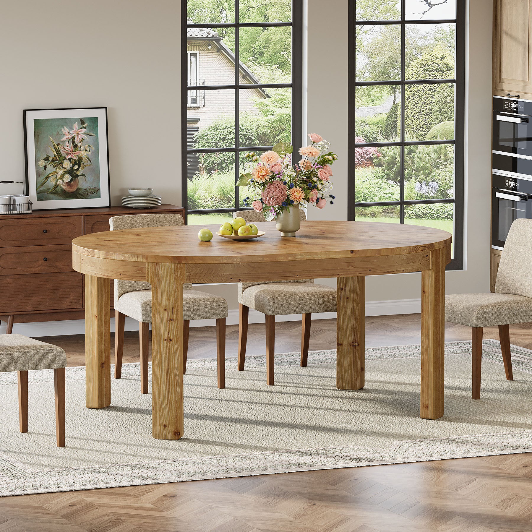 55" Oval Dining Table, Solid Wood Kitchen Dinner Table for 4 People