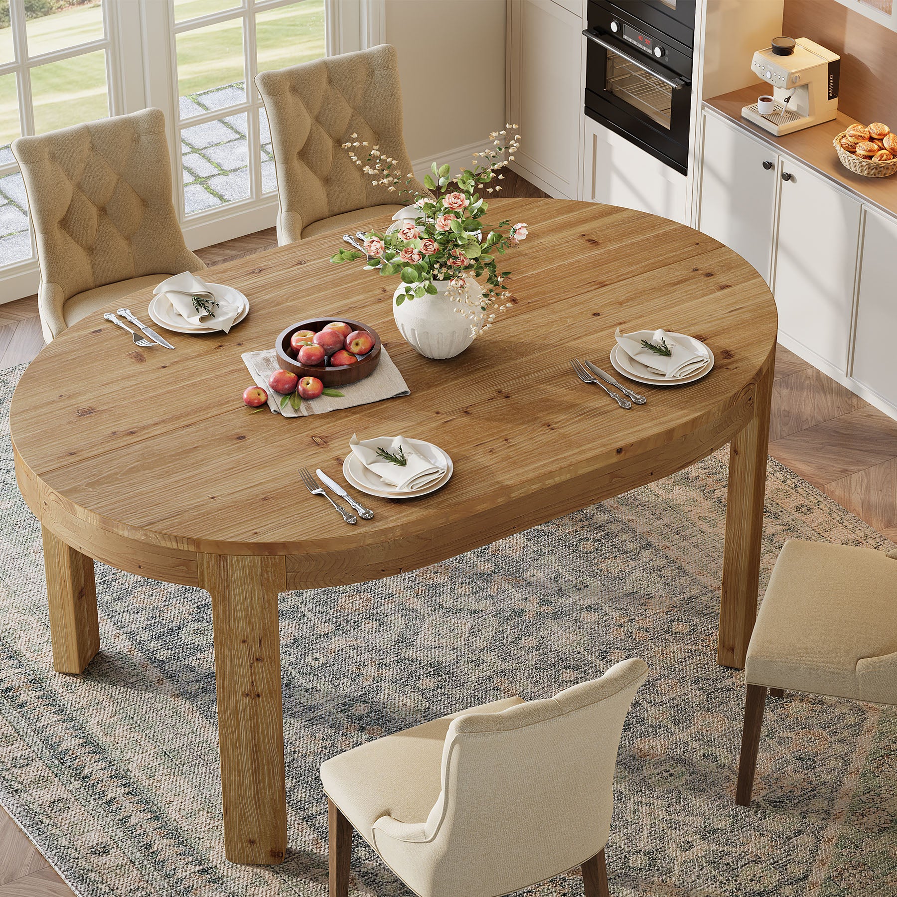 55" Oval Dining Table, Solid Wood Kitchen Dinner Table for 4 People
