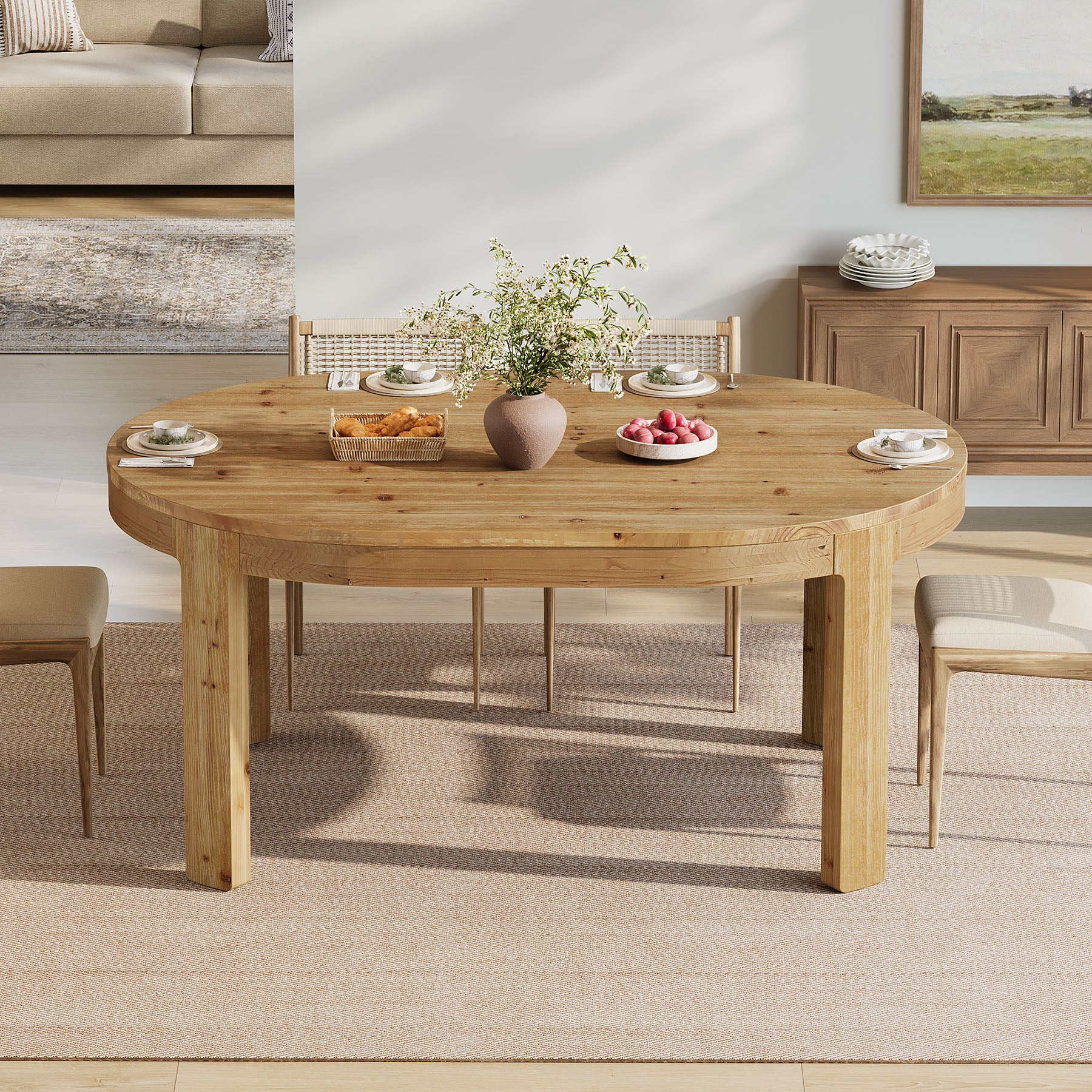 55" Oval Dining Table, Solid Wood Kitchen Dinner Table for 4 People