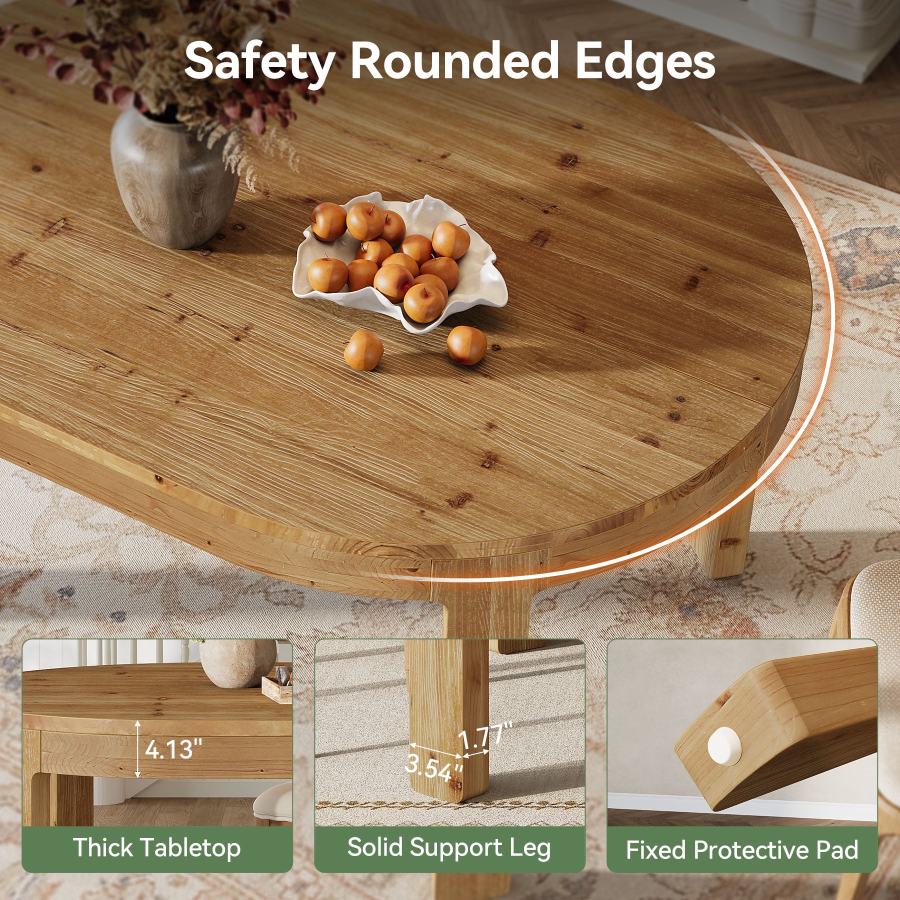 55" Oval Dining Table, Solid Wood Kitchen Dinner Table for 4 People