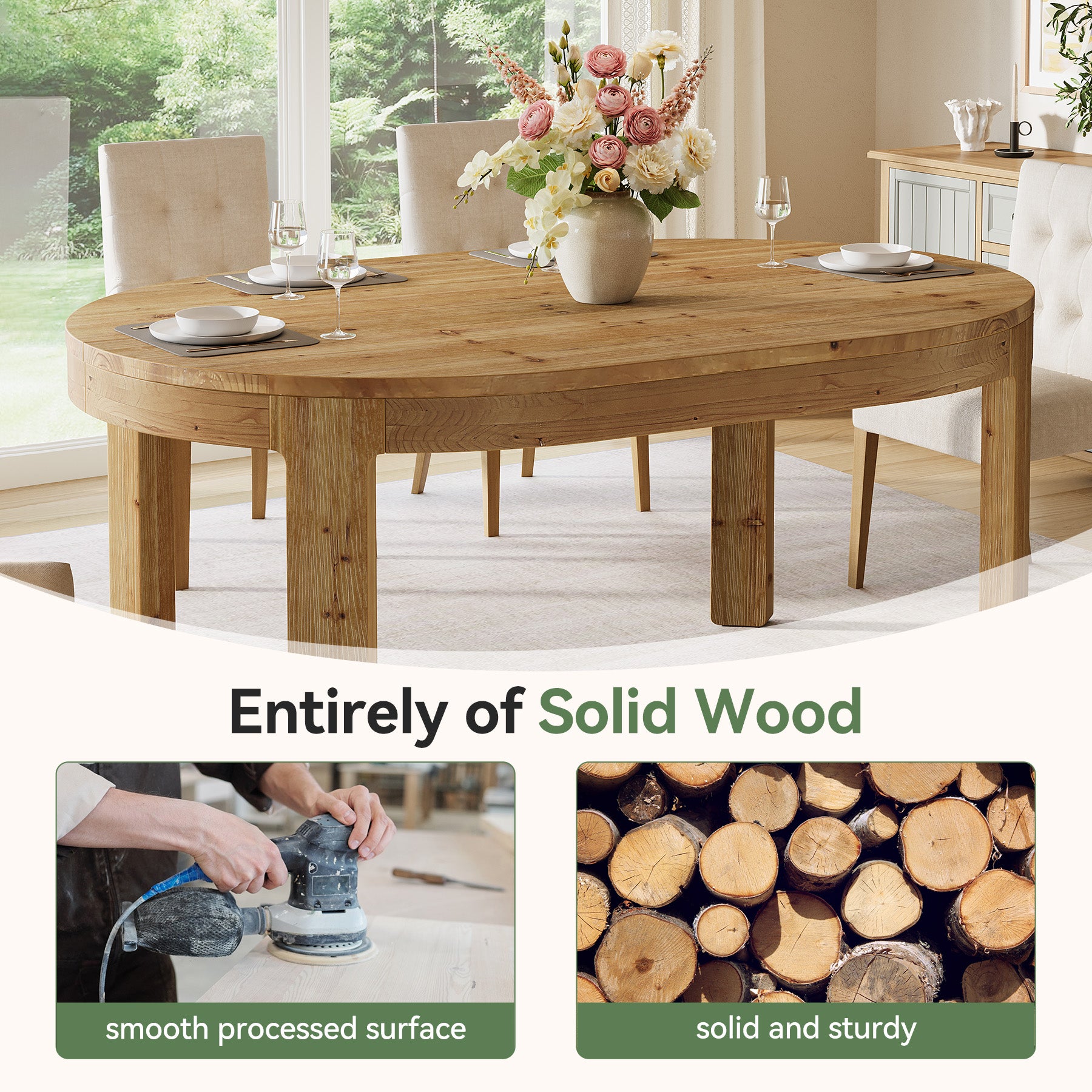 55" Oval Dining Table, Solid Wood Kitchen Dinner Table for 4 People