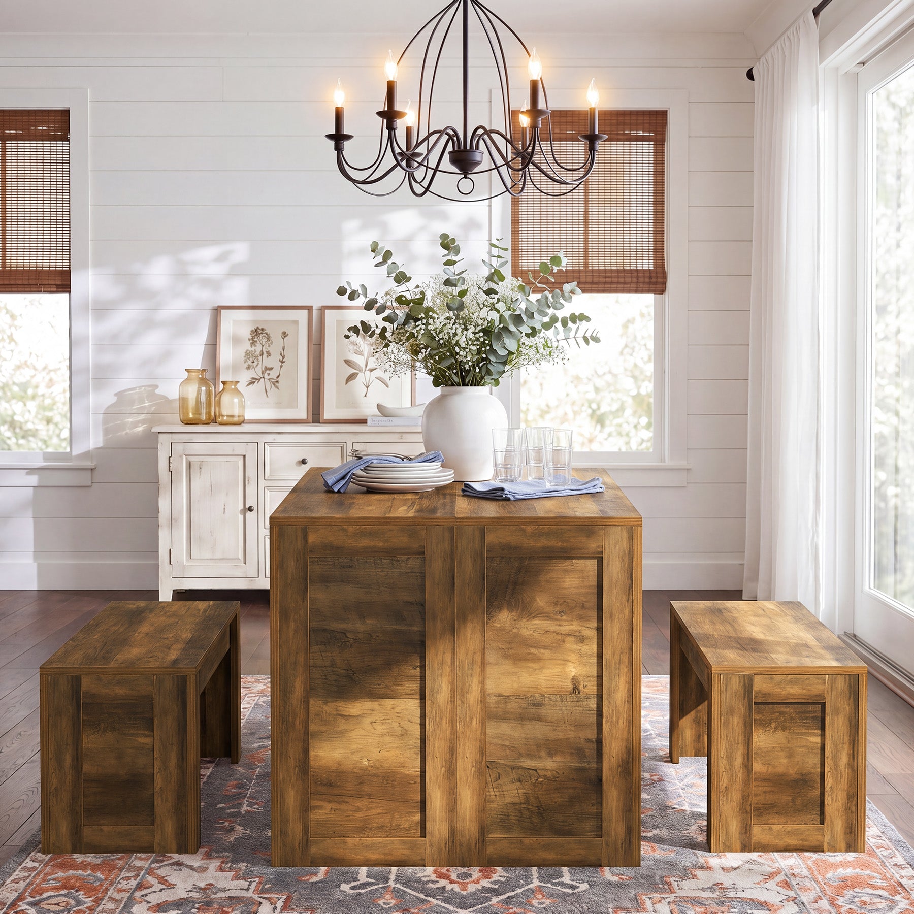 55“ Rectangle Farmhouse Dining Table Set for 4-6,  Wooden Kitchen Table with 2 Benches