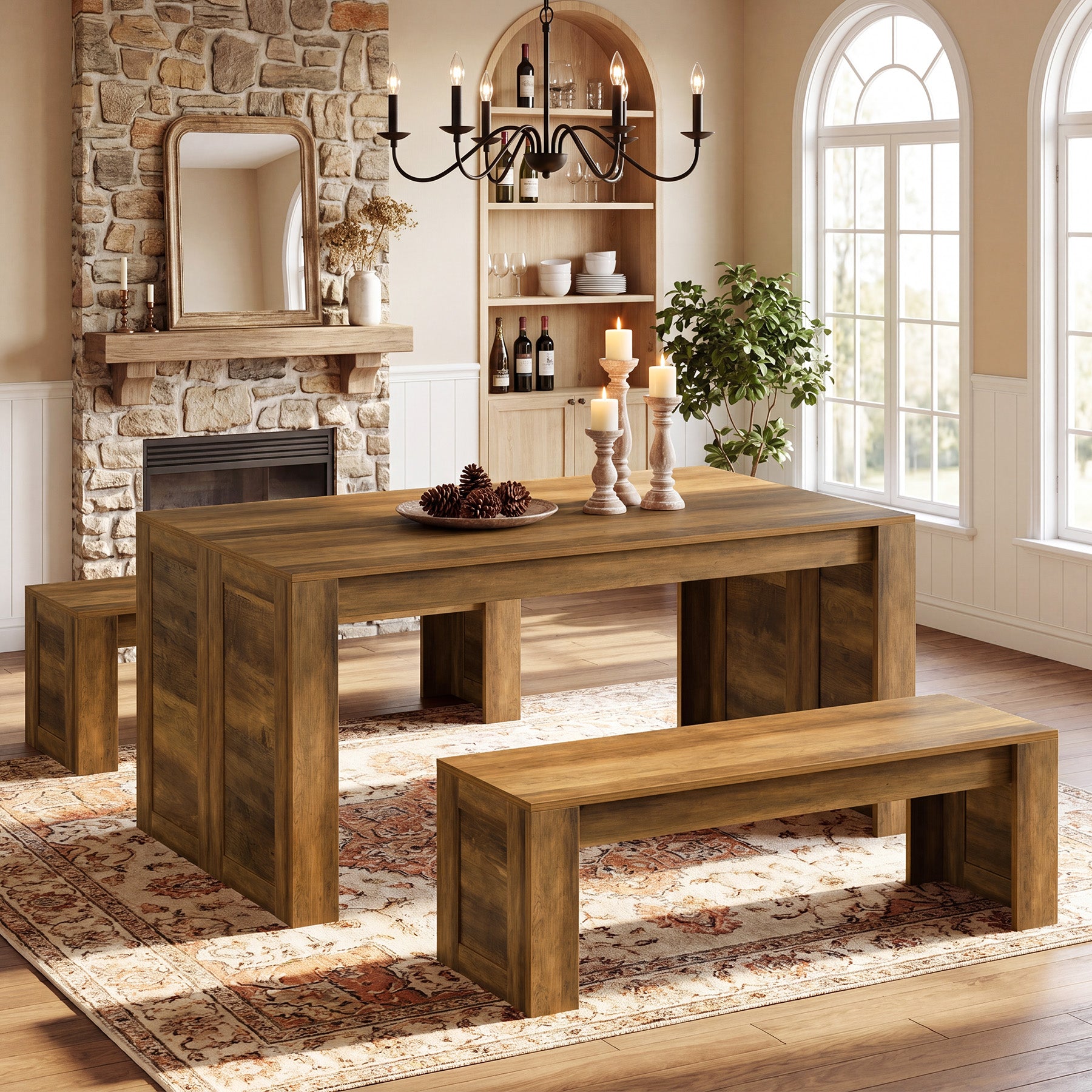 55“ Rectangle Farmhouse Dining Table Set for 4-6,  Wooden Kitchen Table with 2 Benches