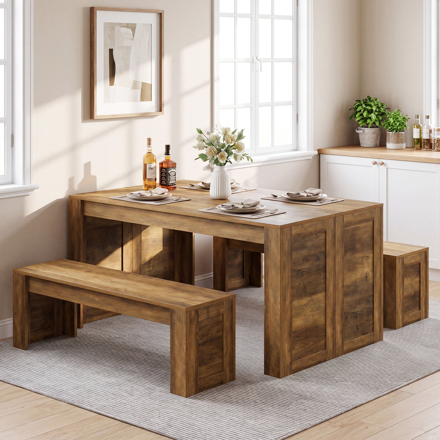 55“ Rectangle Farmhouse Dining Table Set for 4-6,  Wooden Kitchen Table with 2 Benches