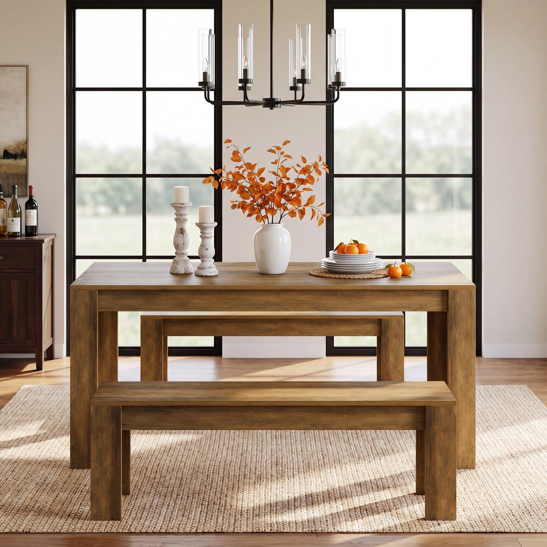 55“ Rectangle Farmhouse Dining Table Set for 4-6,  Wooden Kitchen Table with 2 Benches