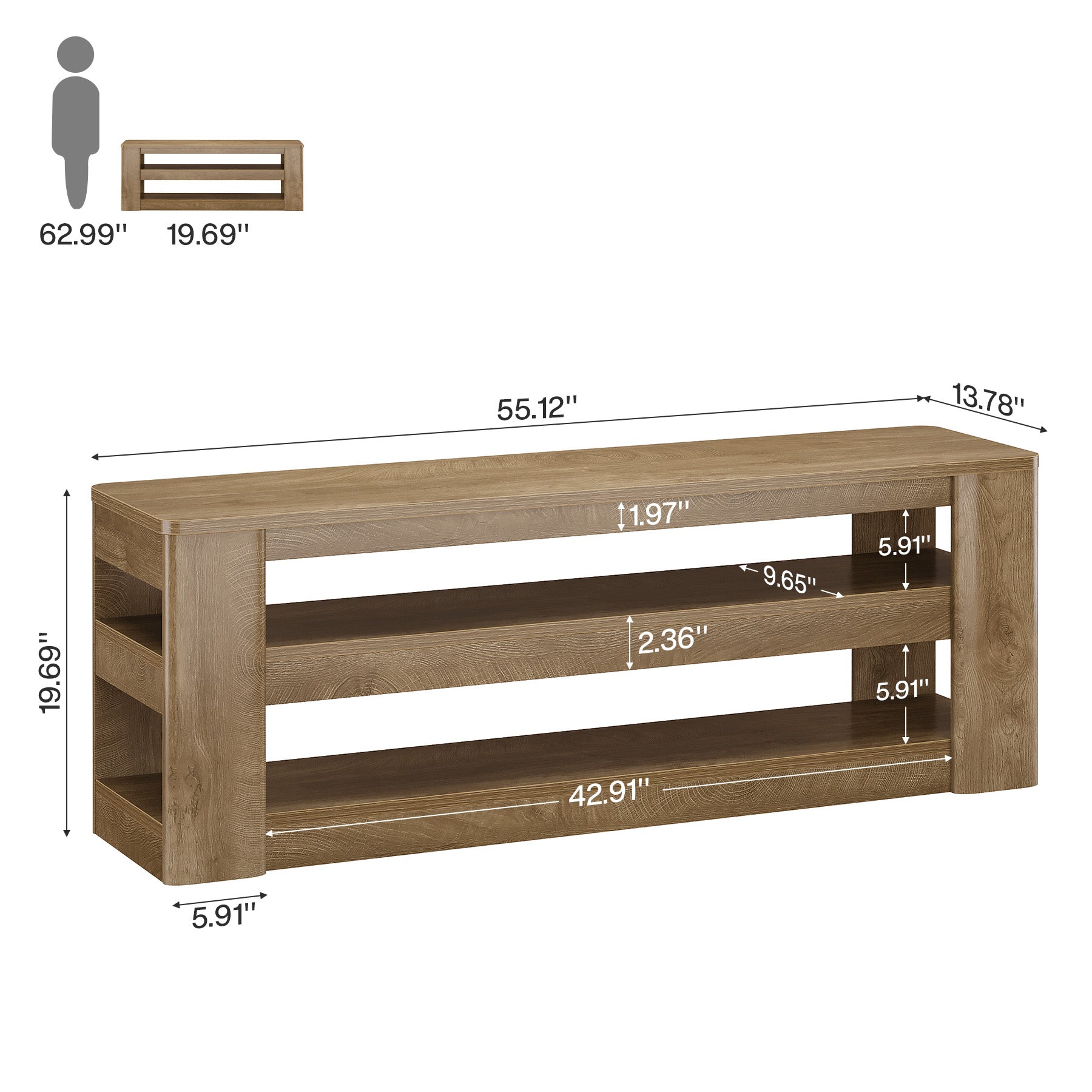 55" Shoe Rack Bench, 3-Tier Entryway Storage Bench Seat for Entrance