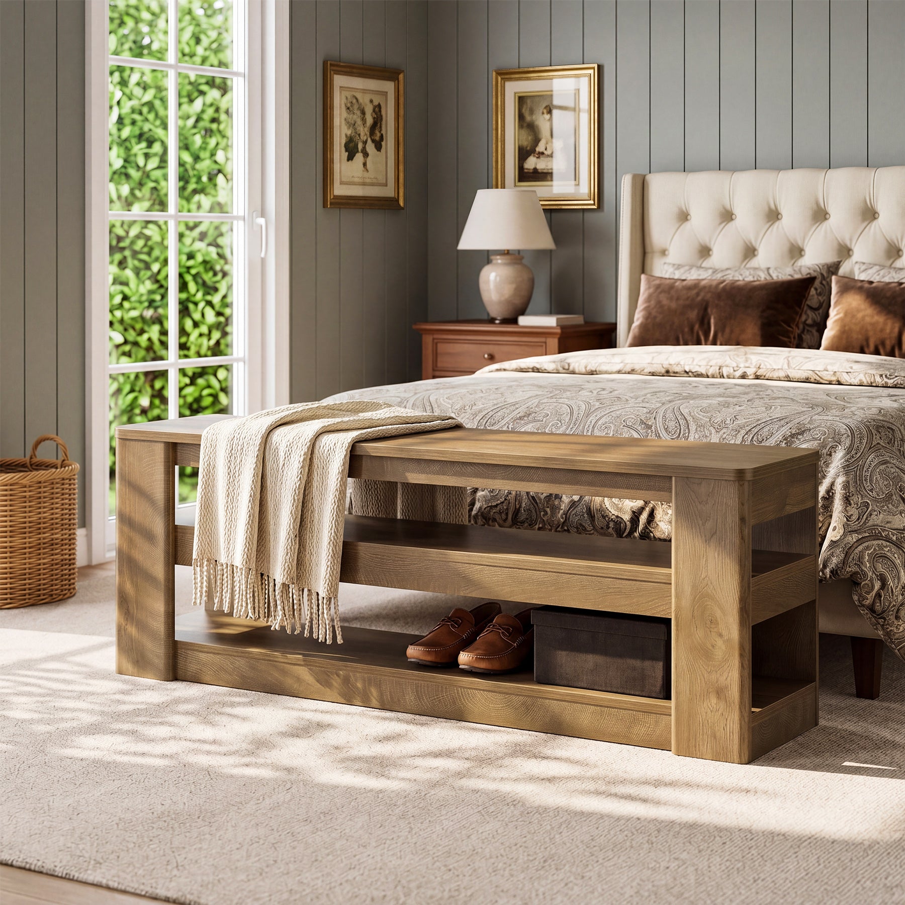 55" Shoe Rack Bench, 3-Tier Entryway Storage Bench Seat for Entrance