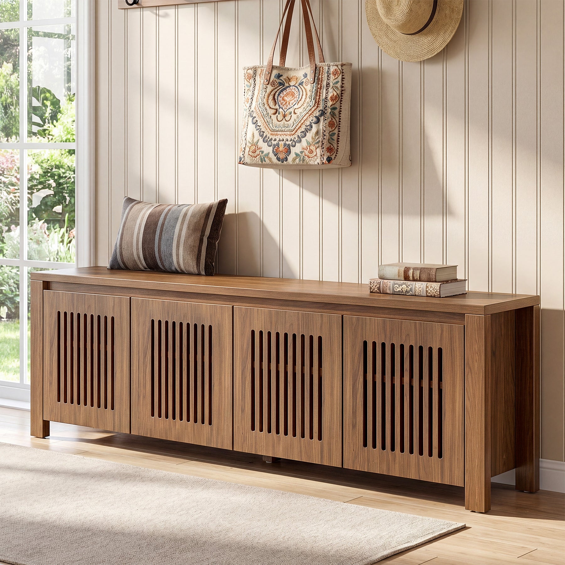 55" Shoe Storage Bench, 2-Tier Mid-Century Modern Entryway Bench with Slatted Doors for Living Room