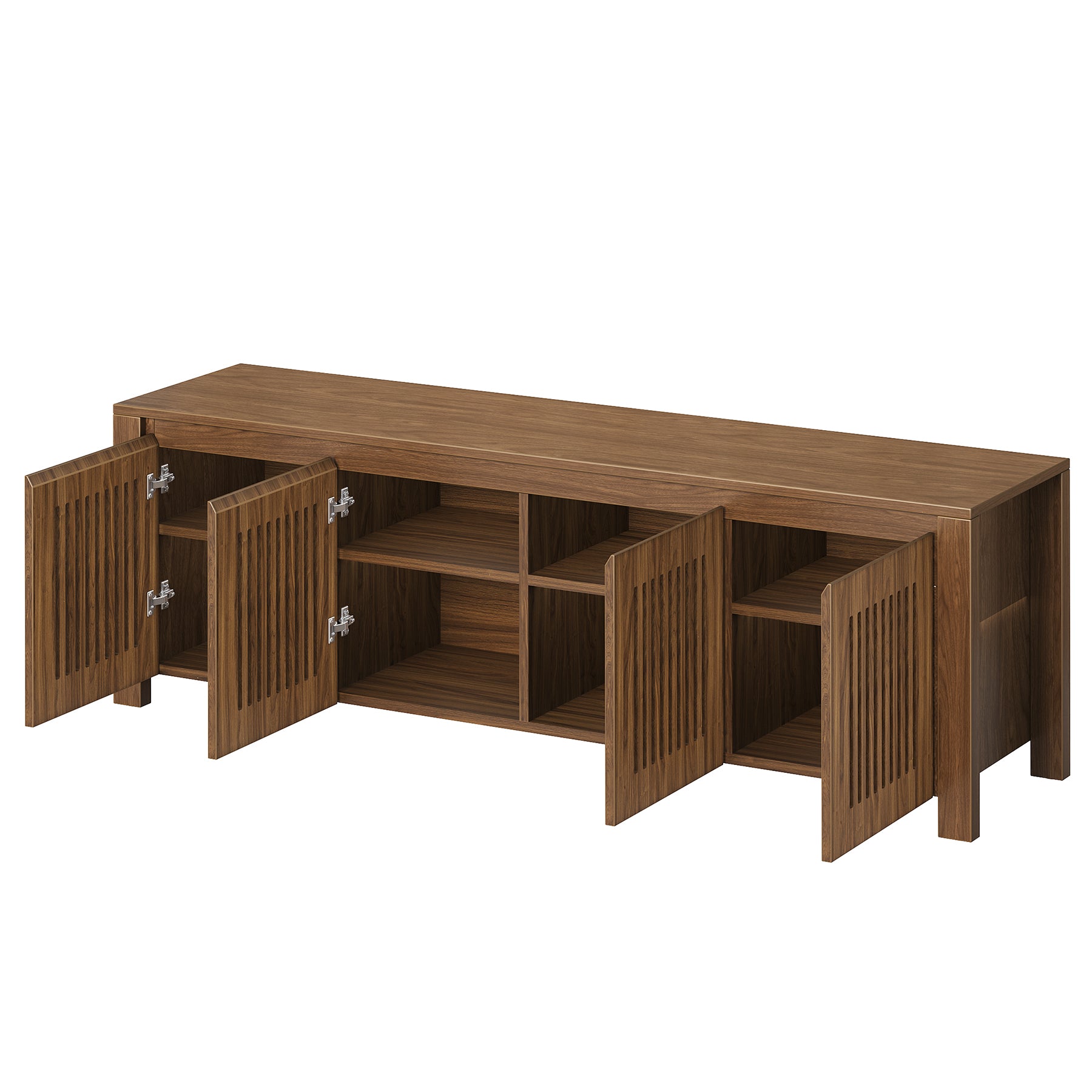 55" Shoe Storage Bench, 2-Tier Mid-Century Modern Entryway Bench with Slatted Doors for Living Room