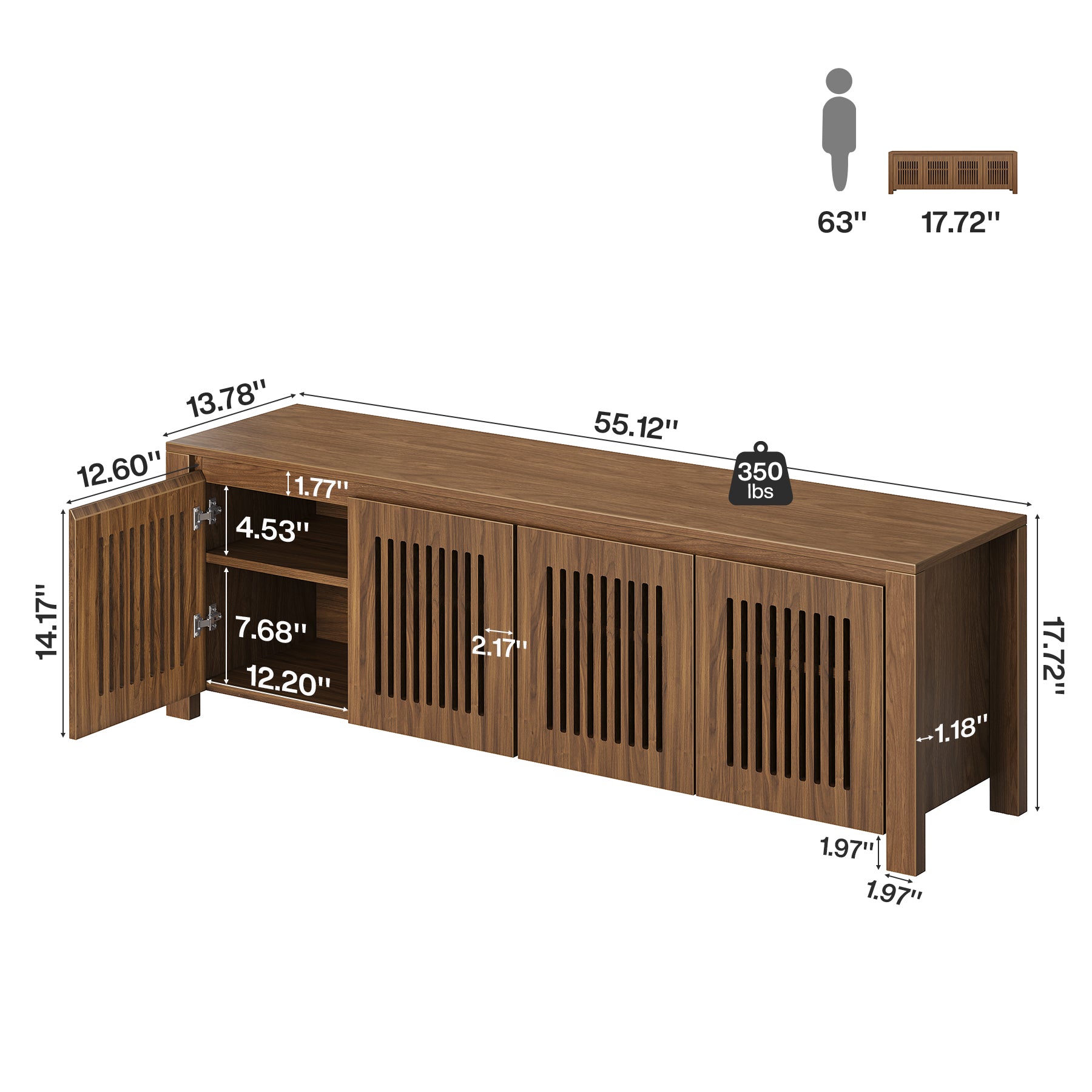 55" Shoe Storage Bench, 2-Tier Mid-Century Modern Entryway Bench with Slatted Doors for Living Room