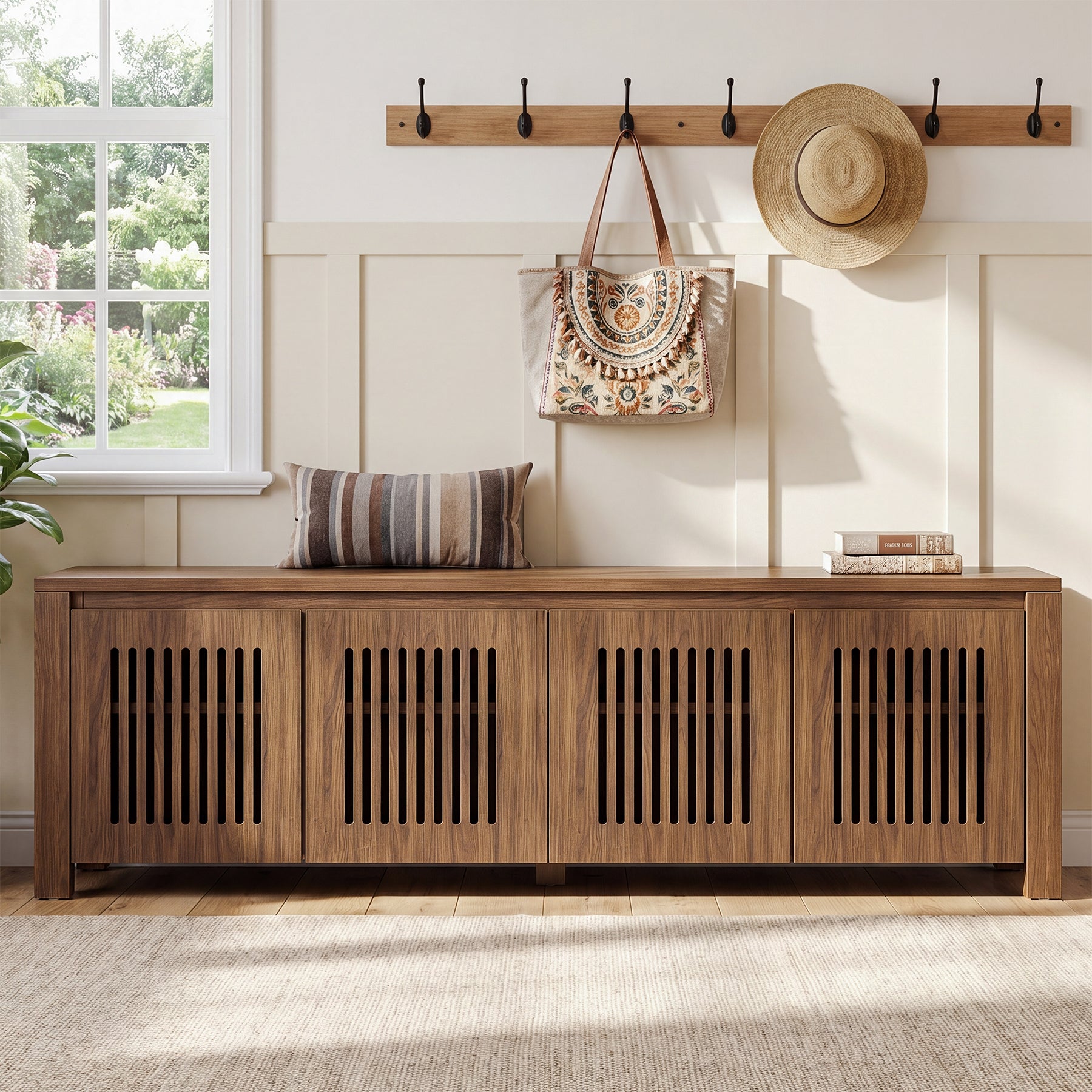 55" Shoe Storage Bench, 2-Tier Mid-Century Modern Entryway Bench with Slatted Doors for Living Room
