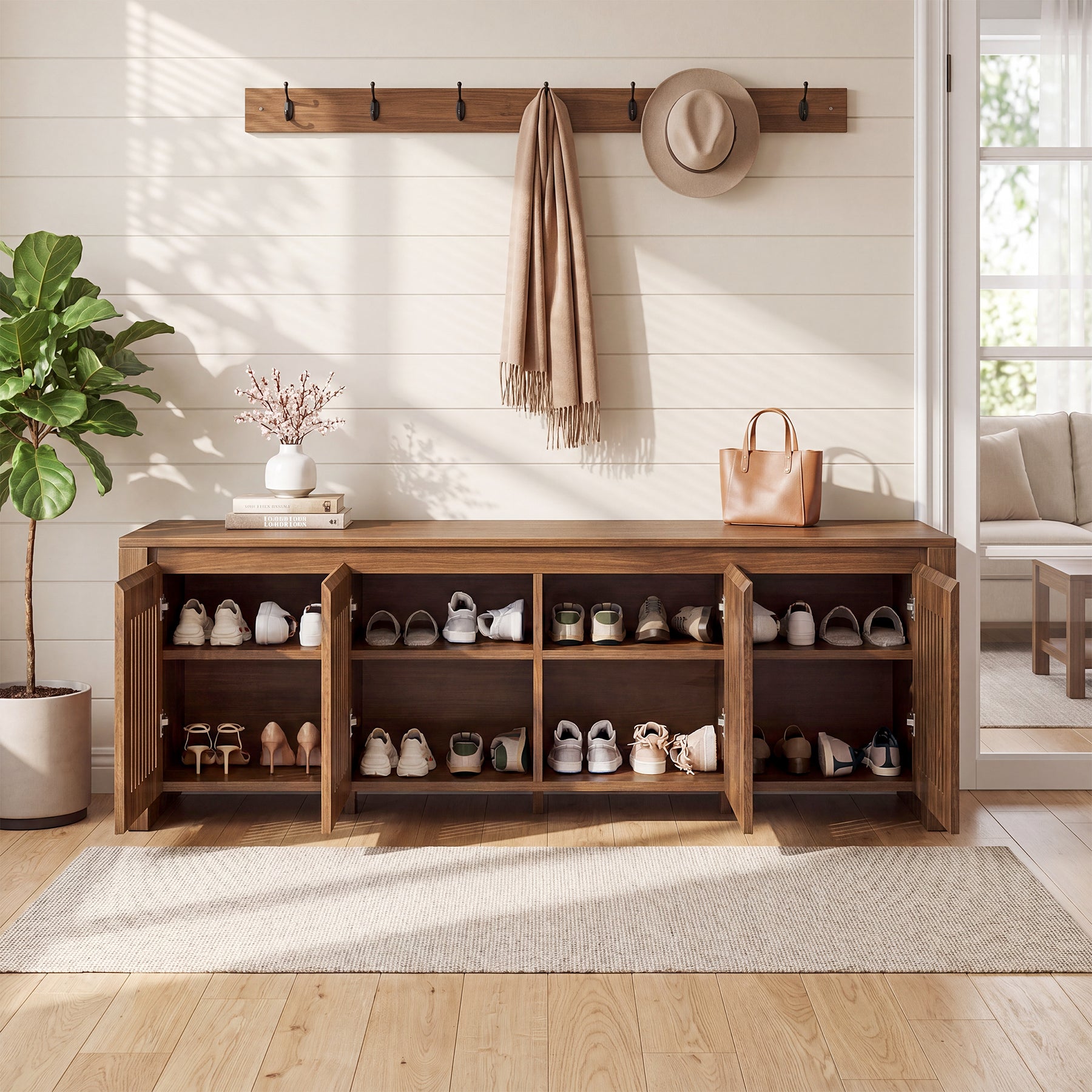 55" Shoe Storage Bench, 2-Tier Mid-Century Modern Entryway Bench with Slatted Doors for Living Room