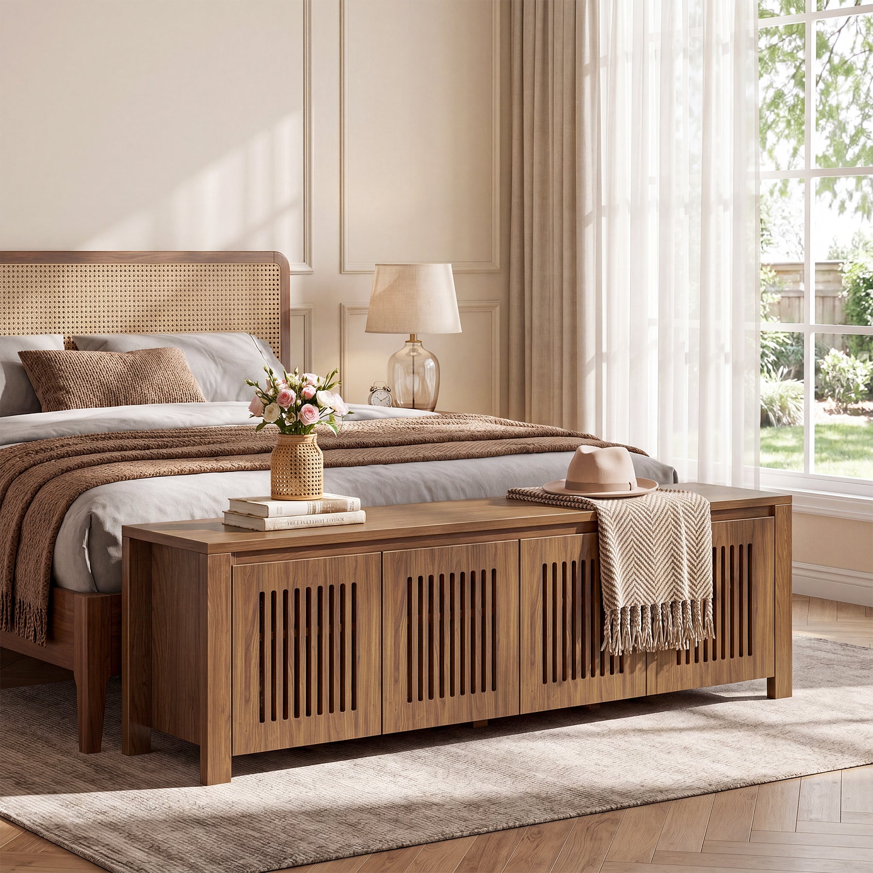 55" Shoe Storage Bench, 2-Tier Mid-Century Modern Entryway Bench with Slatted Doors for Living Room