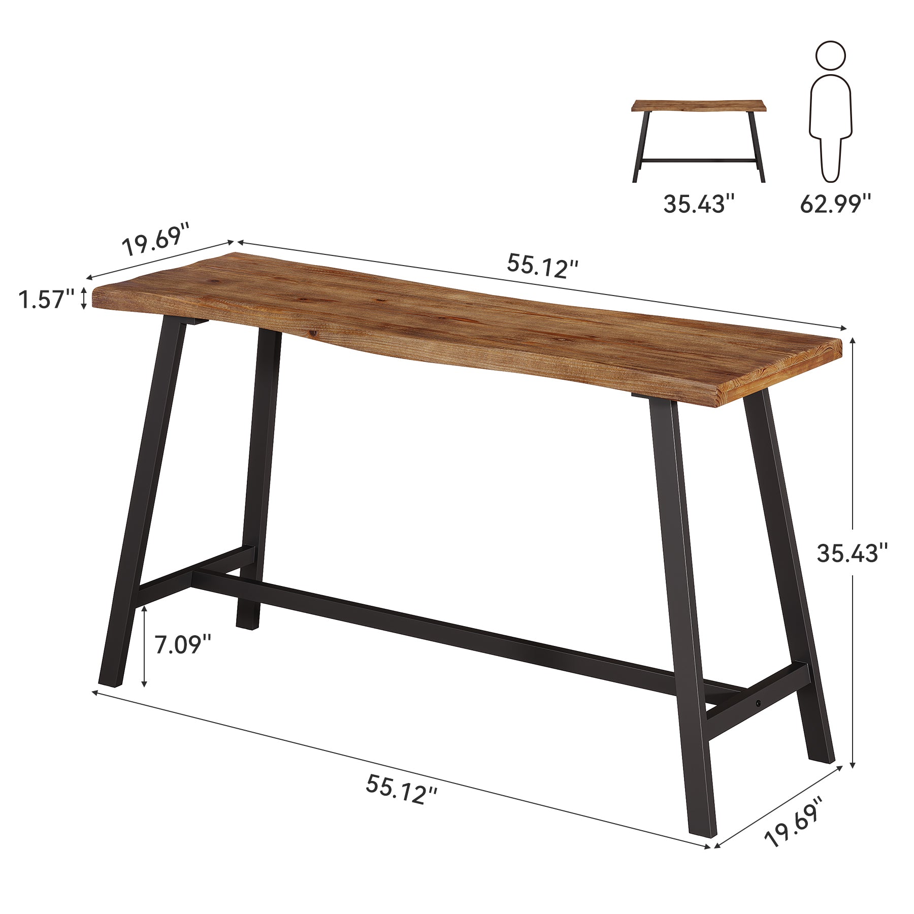 55" Solid Wood Bar Table, Industrial Counter Height Pub Table Bar Units