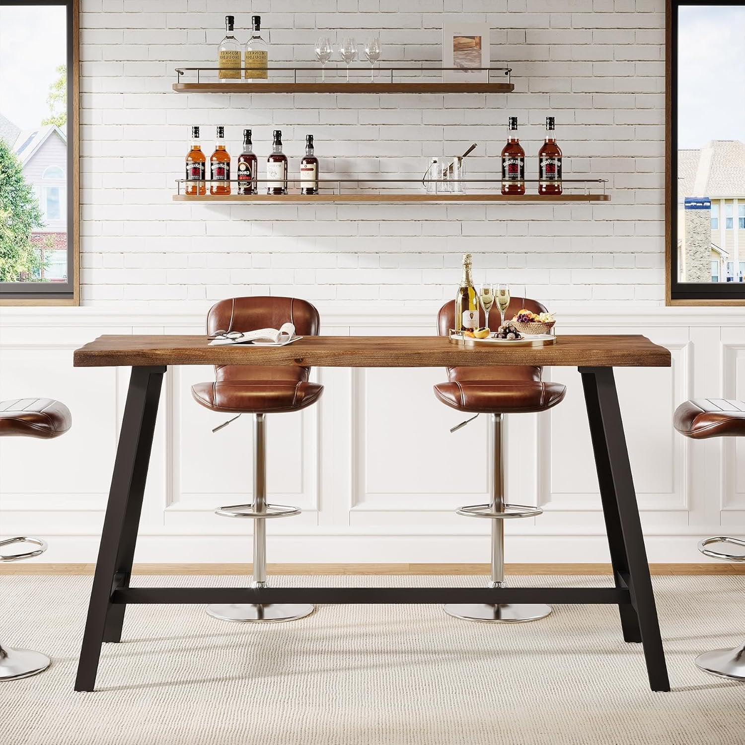 55" Solid Wood Bar Table, Industrial Counter Height Pub Table Bar Units