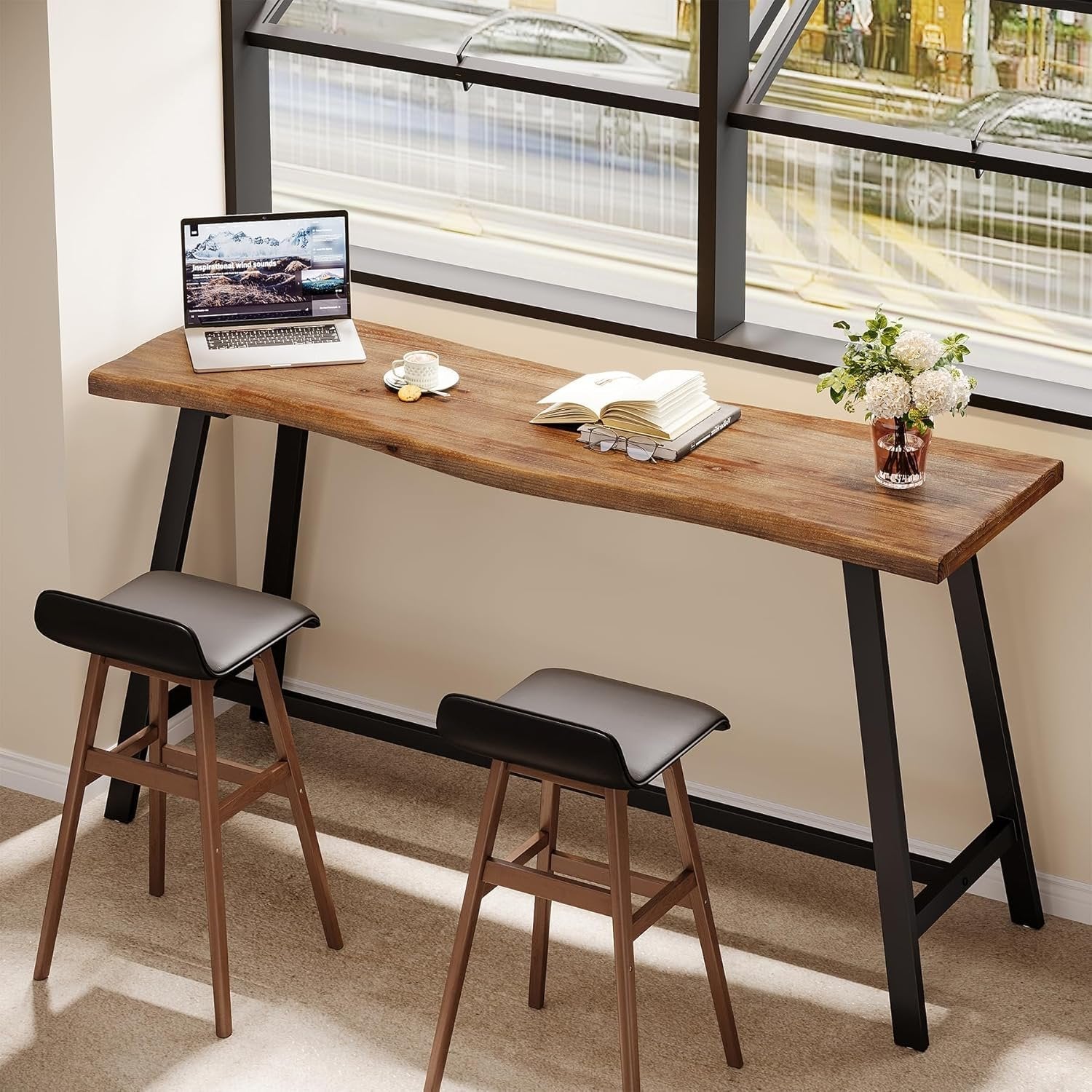 55" Solid Wood Bar Table, Industrial Counter Height Pub Table Bar Units