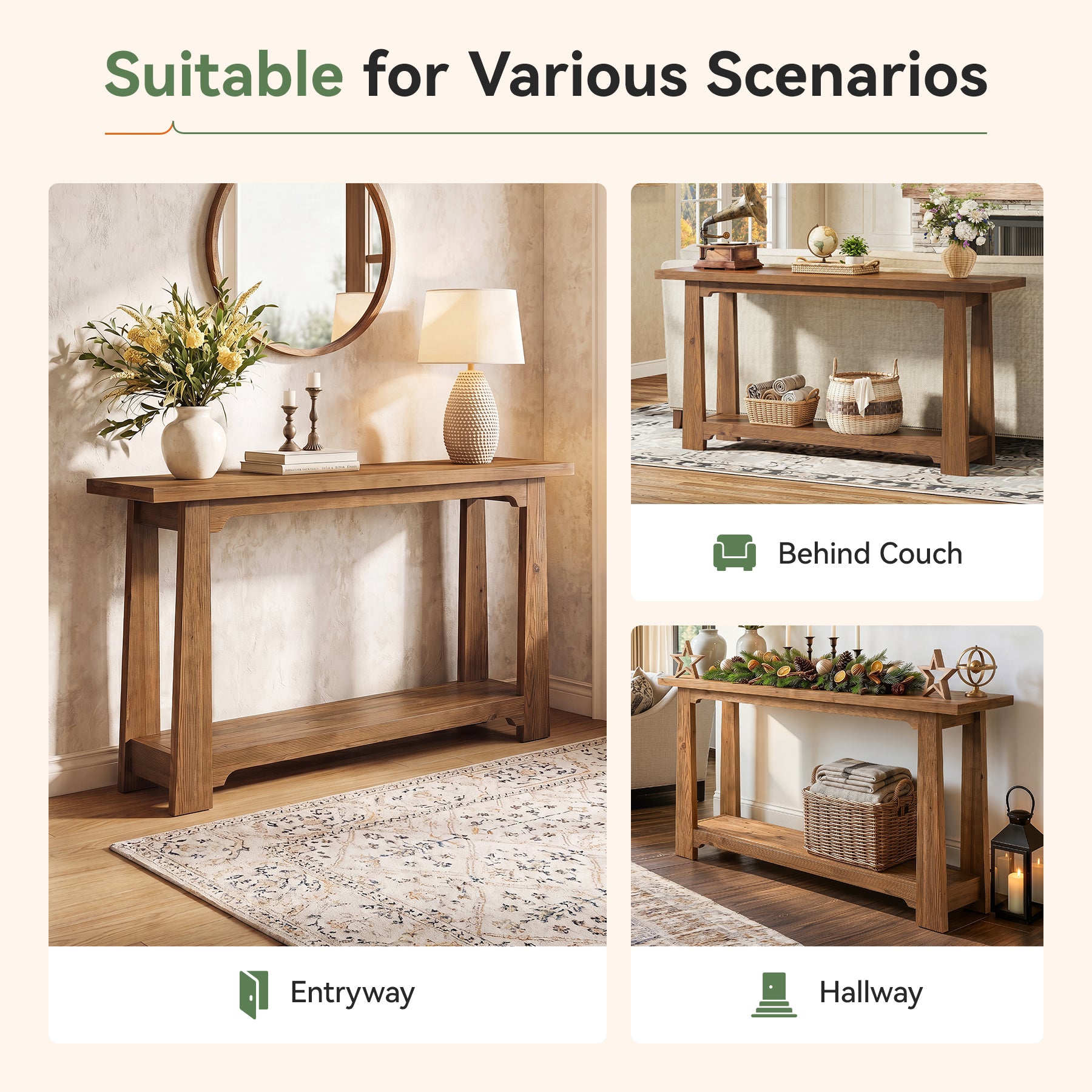 55" Solid Wood Console Table, Farmhouse Entryway Table with Storage Shelf for Hallway