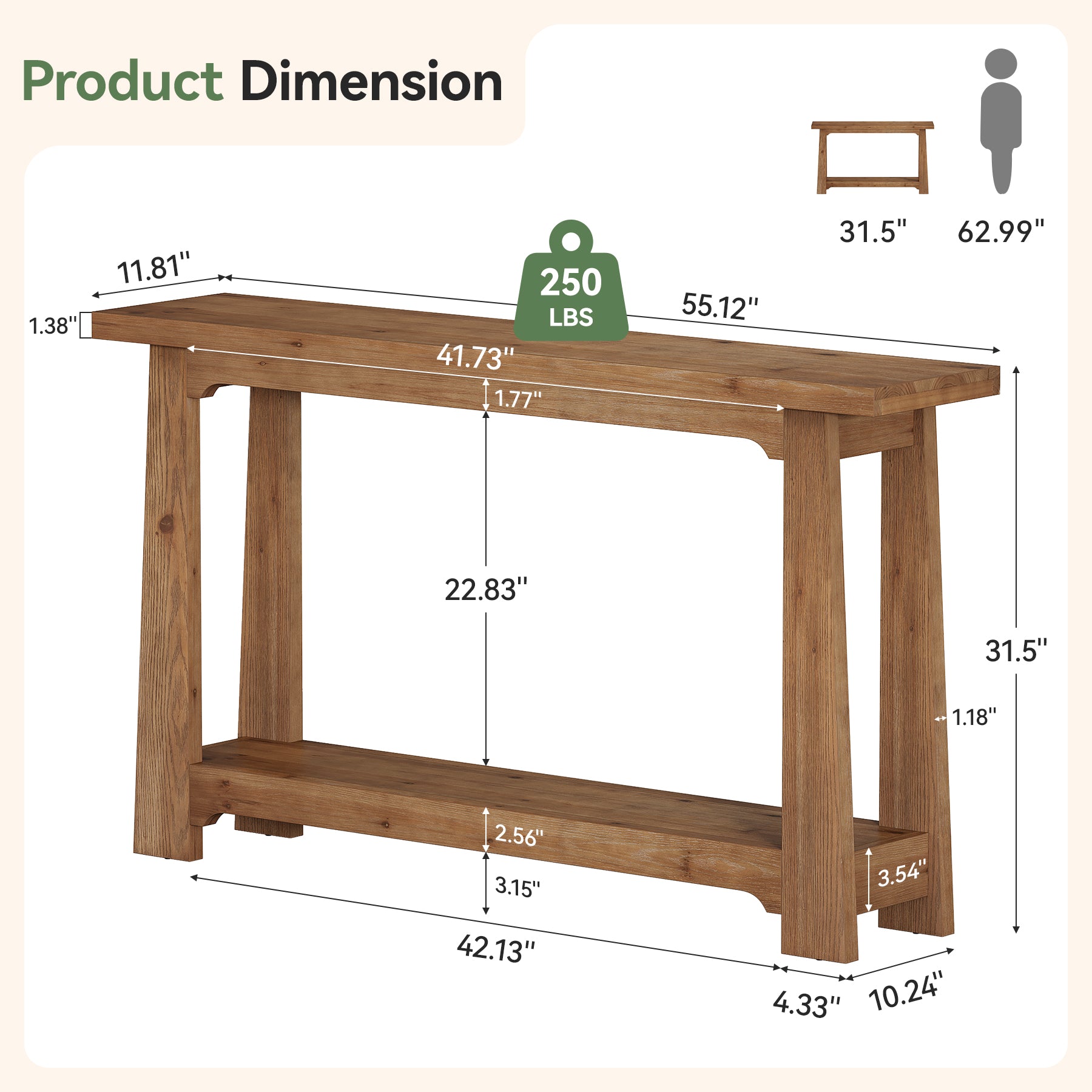 55" Solid Wood Console Table, Farmhouse Entryway Table with Storage Shelf for Hallway