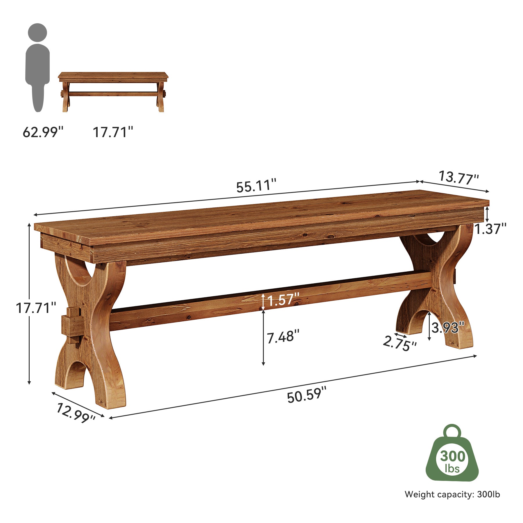 55" Solid Wood Entryway Bench, Farmhouse Indoor Bench Narrow Hallway Seat
