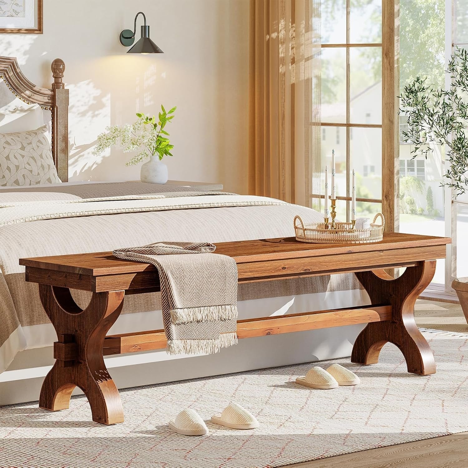 55" Solid Wood Entryway Bench, Farmhouse Indoor Bench Narrow Hallway Seat