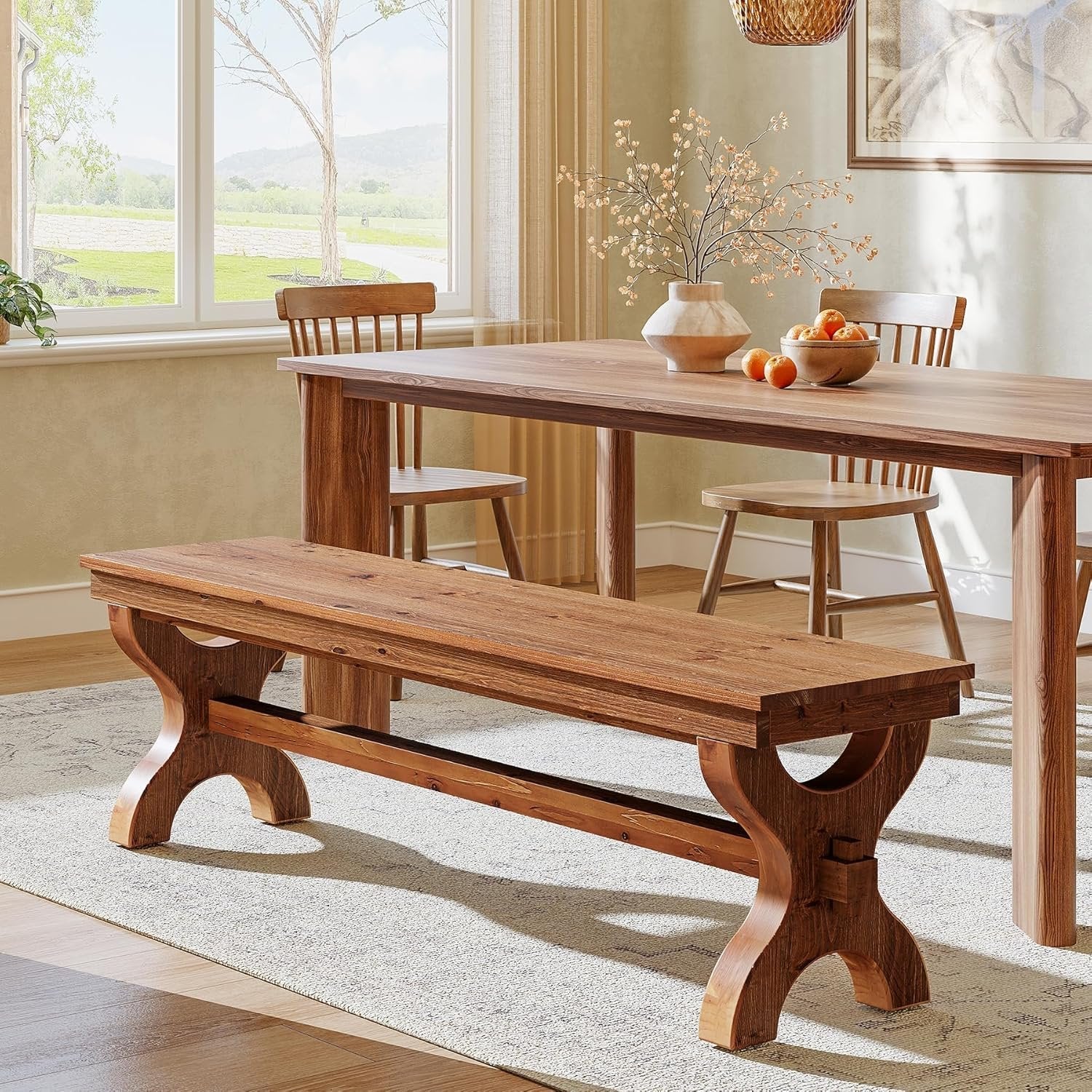 55" Solid Wood Entryway Bench, Farmhouse Indoor Bench Narrow Hallway Seat