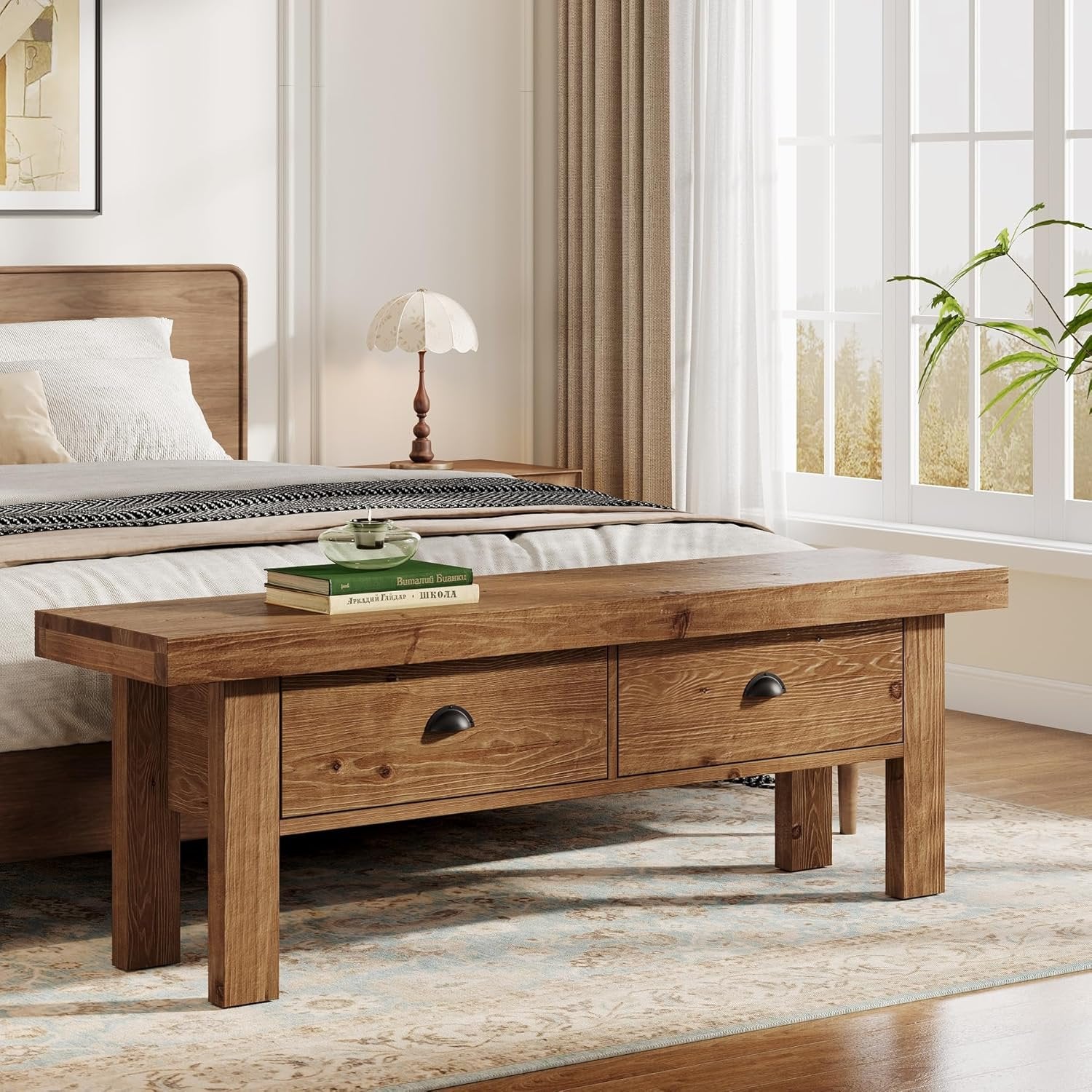 55" Solid Wood Entryway Bench, Farmhouse Long Bench End of Bed Stool with 2 Drawers