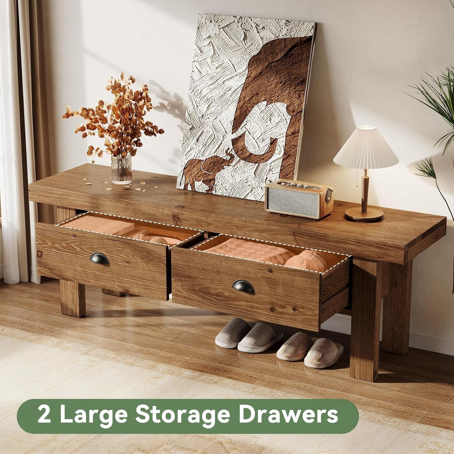 55" Solid Wood Entryway Bench, Farmhouse Long Bench End of Bed Stool with 2 Drawers