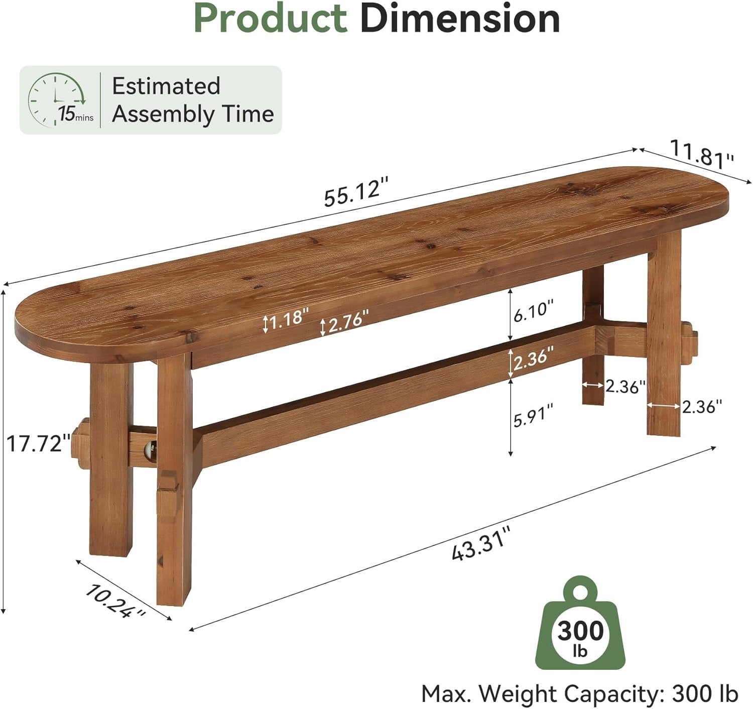 55" Solid Wood Entryway Bench, Shoe Storage Bench for Hallway, Bedroom, Living Room