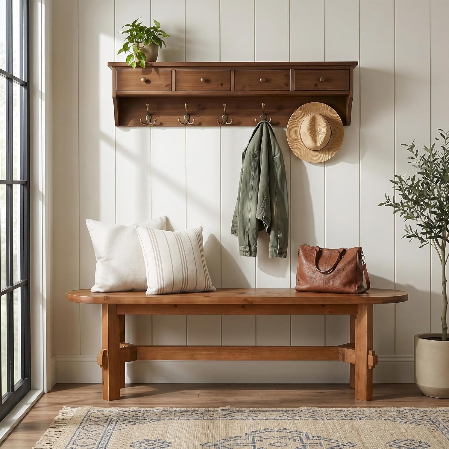 55" Solid Wood Entryway Bench, Shoe Storage Bench for Hallway, Bedroom, Living Room