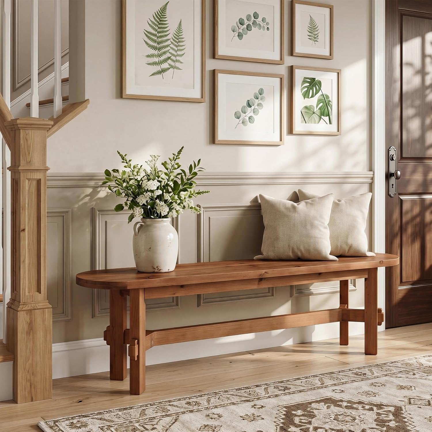 55" Solid Wood Entryway Bench, Shoe Storage Bench for Hallway, Bedroom, Living Room
