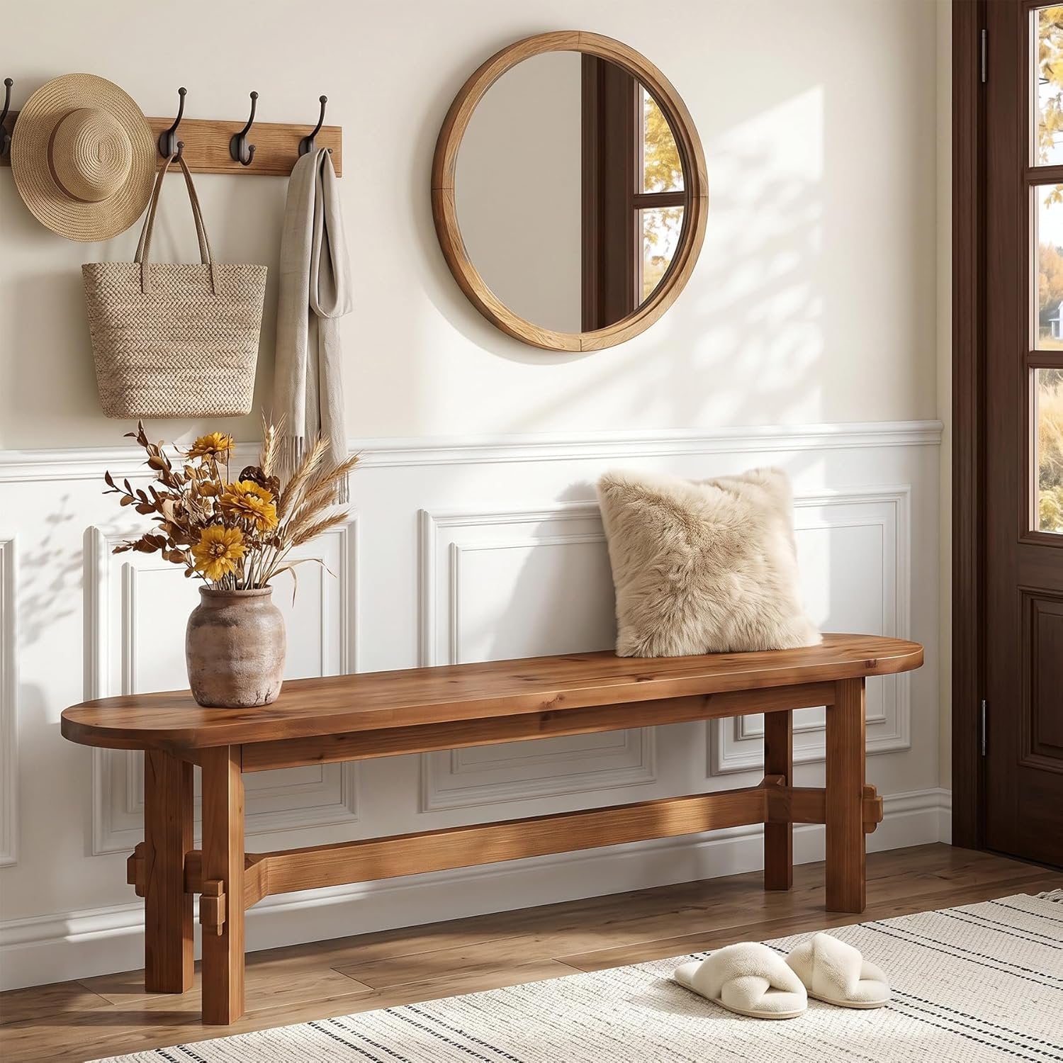 55" Solid Wood Entryway Bench, Shoe Storage Bench for Hallway, Bedroom, Living Room