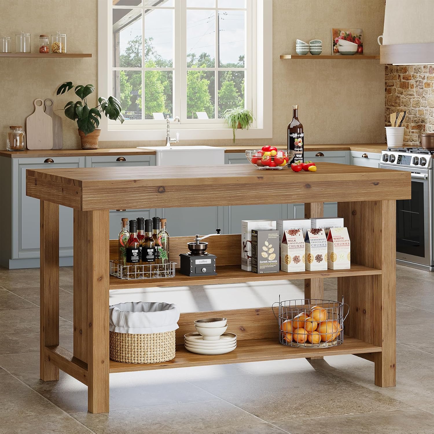 55" Farmhouse Bar Table, 3-Tier Solid Wood Bar Unit - Thumbnail 2