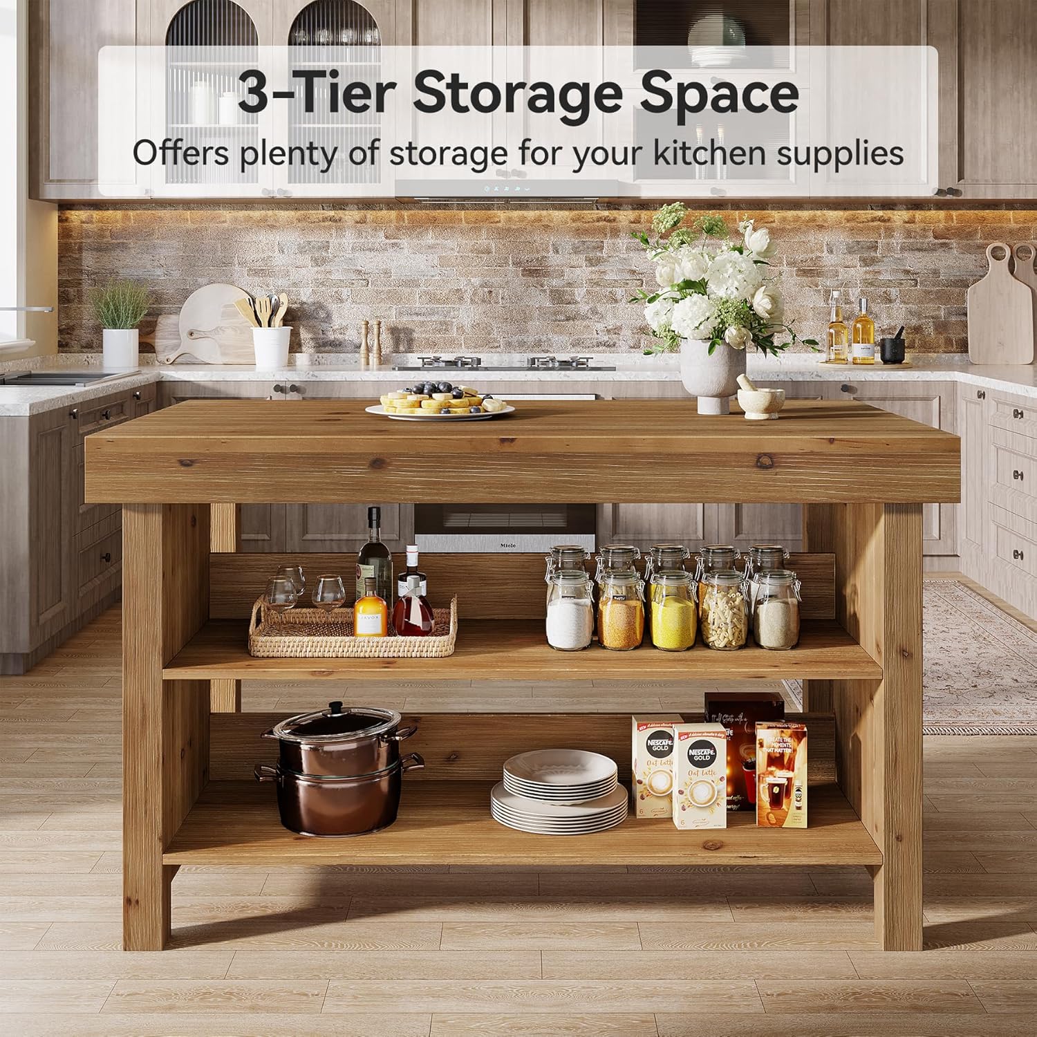 55" Farmhouse Bar Table, 3-Tier Solid Wood Bar Unit - Thumbnail 4