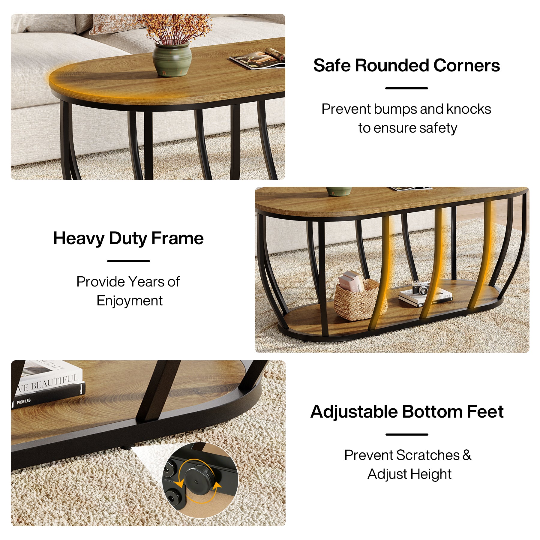 Oval Coffee Table, 47.2" Modern Center Cocktail Table with 2-Tier Storage