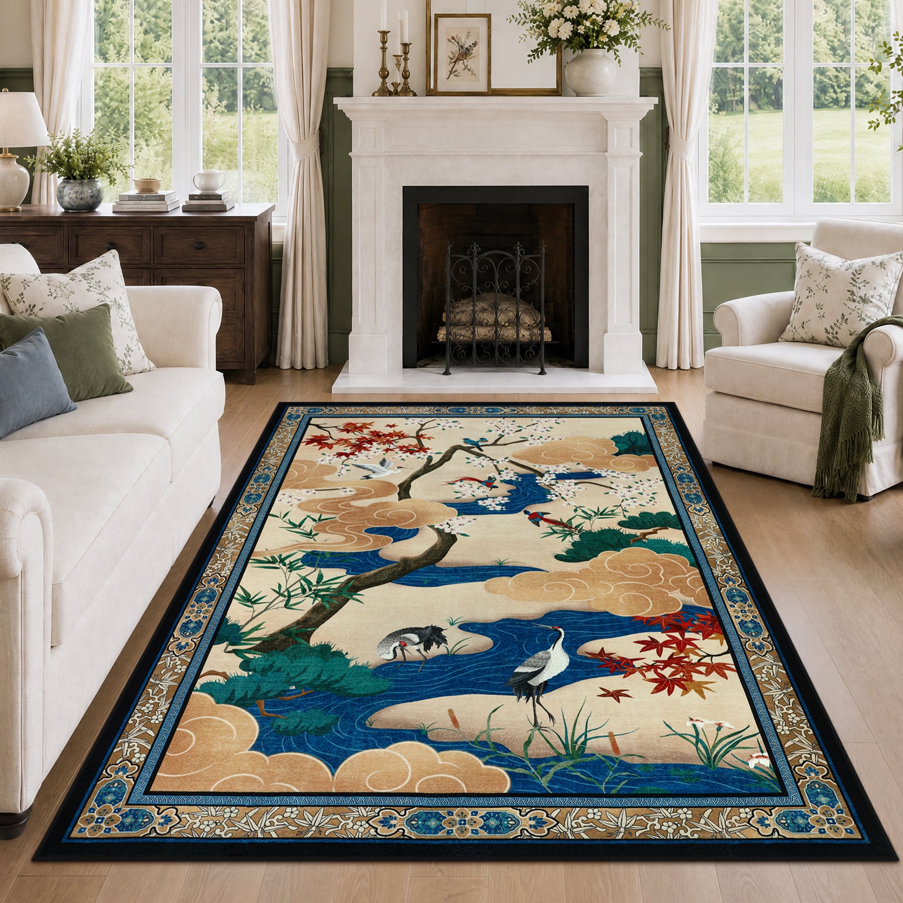 Floral Cherry Blossom Oriental Rug – Soft Non-Slip Washable Carpet for Living Room, Bedroom, Oeko-Tex Certified