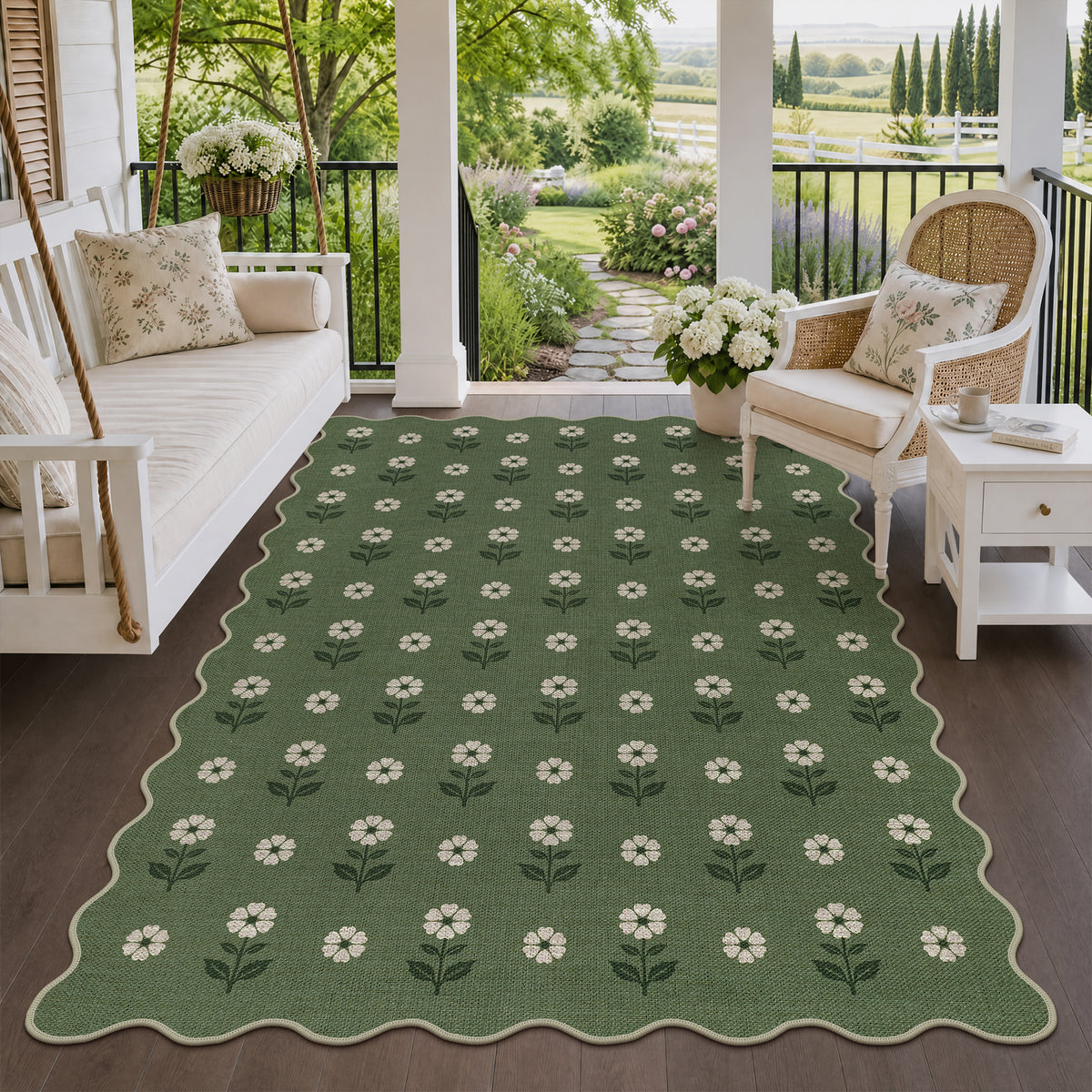 Tribesigns Hallway Tan Green Scalloped Easy Jute Kitchen Runner Rug