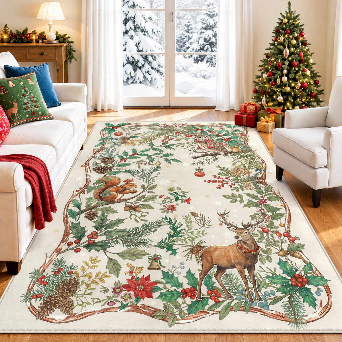 Christmas Tree Area Rug - Washable Non-Slip Holiday Carpet for Living Room Bedroom