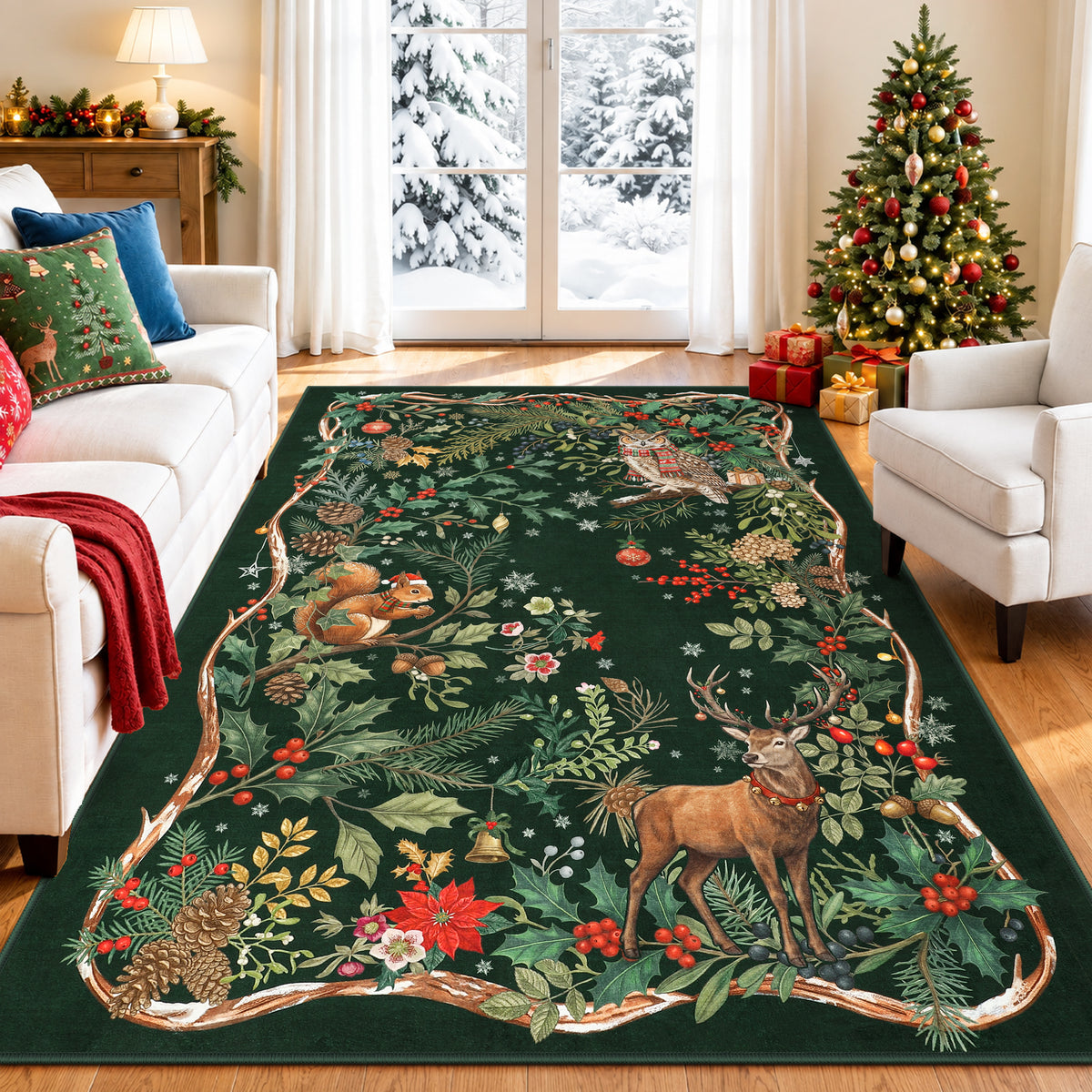 Christmas Tree Area Rug - Washable Non-Slip Holiday Carpet for Living Room Bedroom