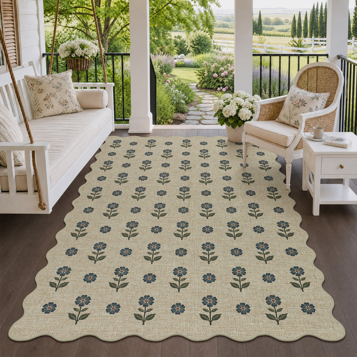 Floral Easy Jute Hallway Runner Rug, Scalloped Kitchen Runner Rug Non Skid Washable Indoor Carpet, Oeko-Tex Certified