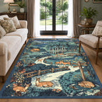 Washable Area Rug, Forest Deer Illustration Print, Non-Slip Soft Low-Pile, Living Room Animal Rug