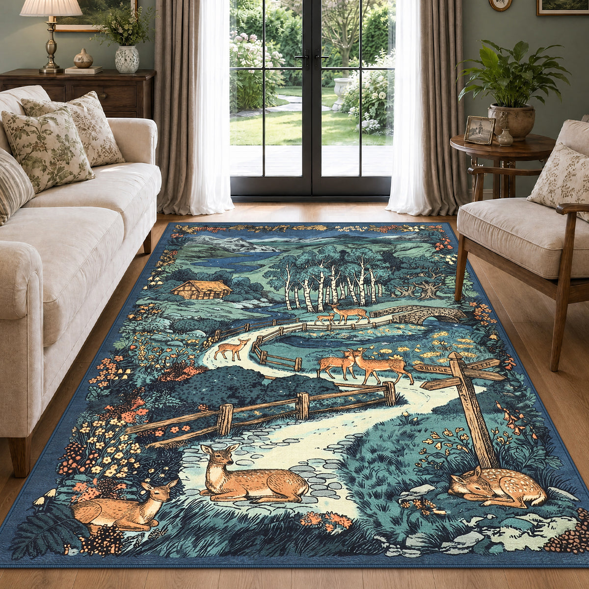 Washable Area Rug, Forest Deer Illustration Print, Non-Slip Soft Low-Pile, Living Room Animal Rug