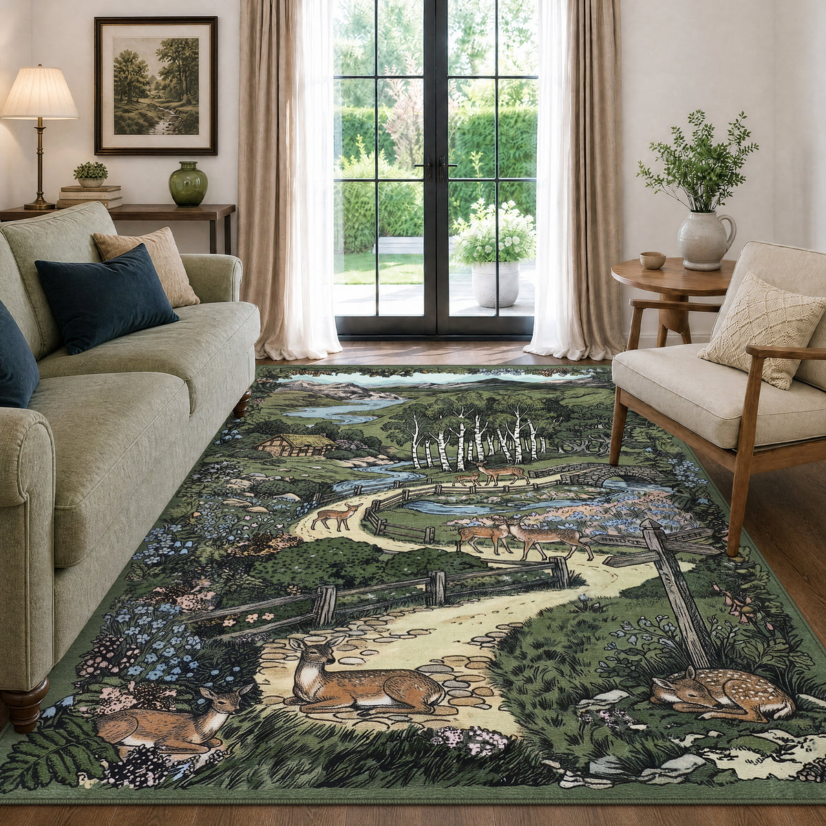 Washable Area Rug, Forest Deer Illustration Print, Non-Slip Soft Low-Pile, Living Room Animal Rug