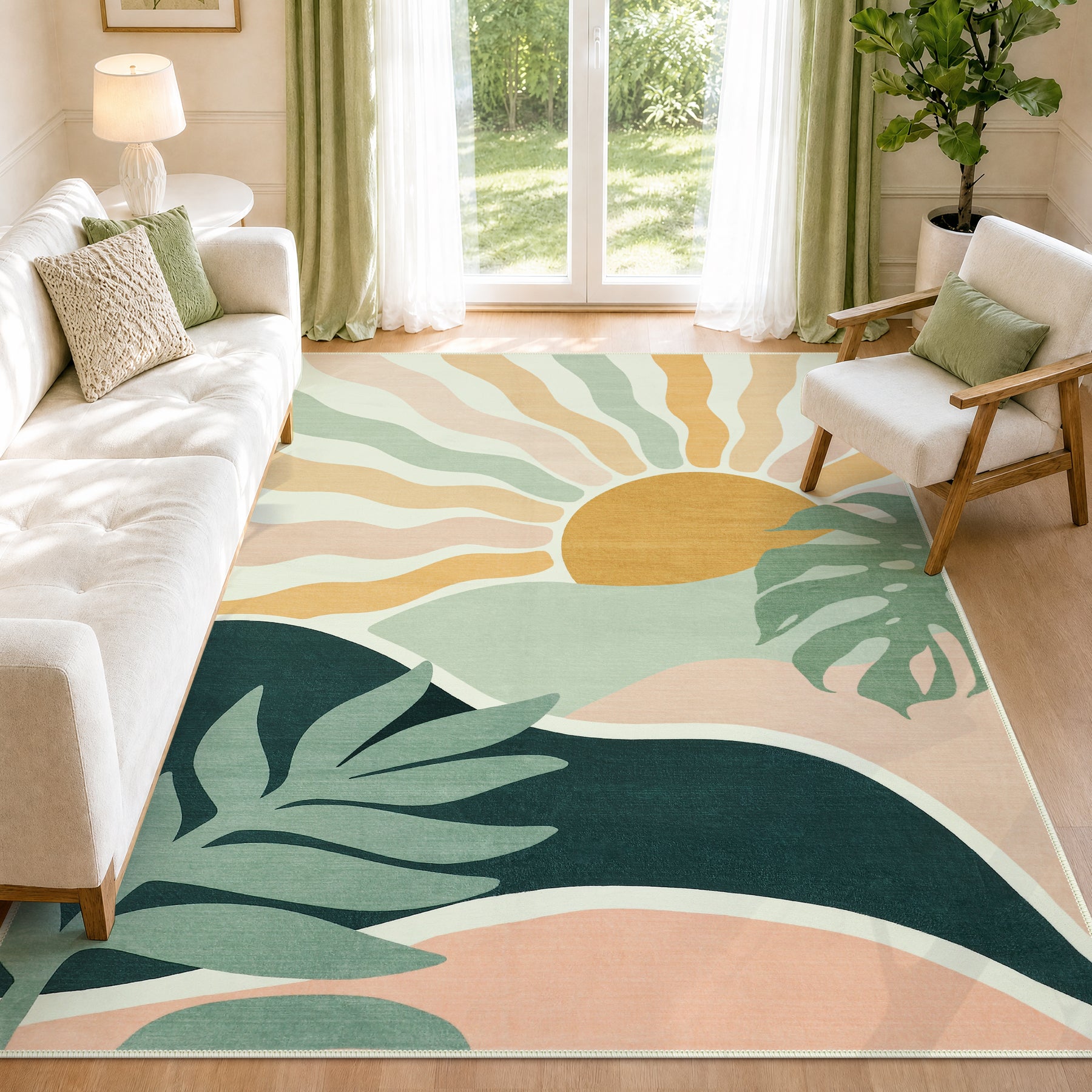 Boho Sun Area Rug, Machine Washable Faux Wool Rug, Non-Slip, Kid & Pet Friendly, Washable Living Room Carpet